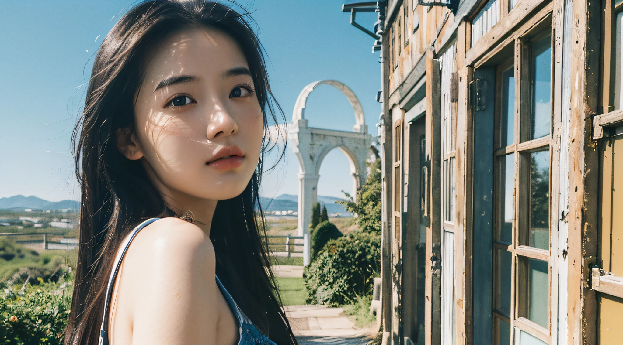 Best Quality, Masterpiece, Ultra High Resolution, (Realistic: 1.4), Original Photo, Wallpaper, Head Photo, Skin, Simple Background, Black Eyes, Detail, Selfie, 1 Girl, 18 Years Old, Breeze, Sunshine, Blue Sky, Landscape