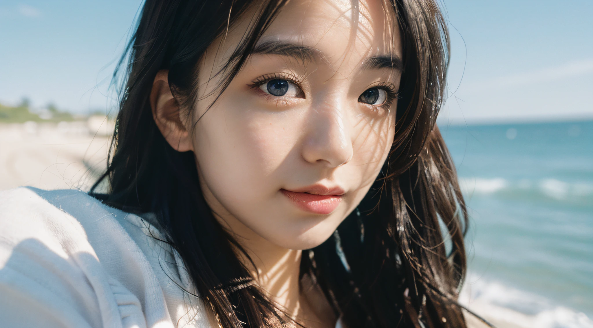 Best Quality, Masterpiece, Ultra High Resolution, (Realistic: 1.4), Original Photo, Wallpaper, Head Photo, Skin, Simple Background, Black Eyes, Detail, Selfie, 1 Girl, 18 Years Old, Breeze, Sunshine, Blue Sky, Landscape