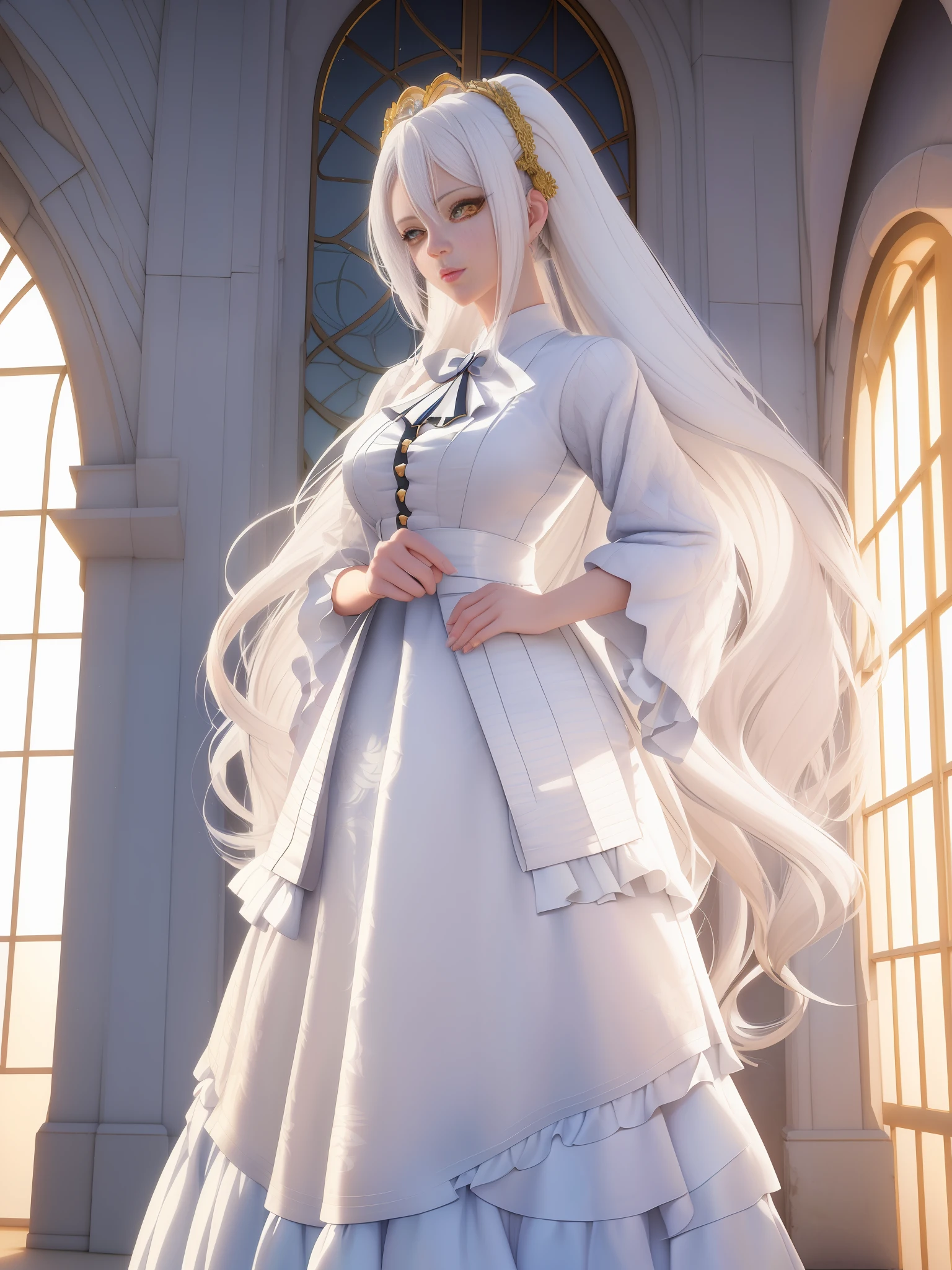 (Anime Girl: 1.5, Girl with White Hair: 1.3, Guvez Style, Realistic Anime Style, IG Model, Realistic Anime 3D Style, Beautiful Anime Woman), (Long White Hair: 1.2, Pose: 1.1), (Beautiful, Amazing, Anime Portrait), (Golden Eyes, Perfect), (Artwork, Digital Anime Art), (IG Model: 1.2)