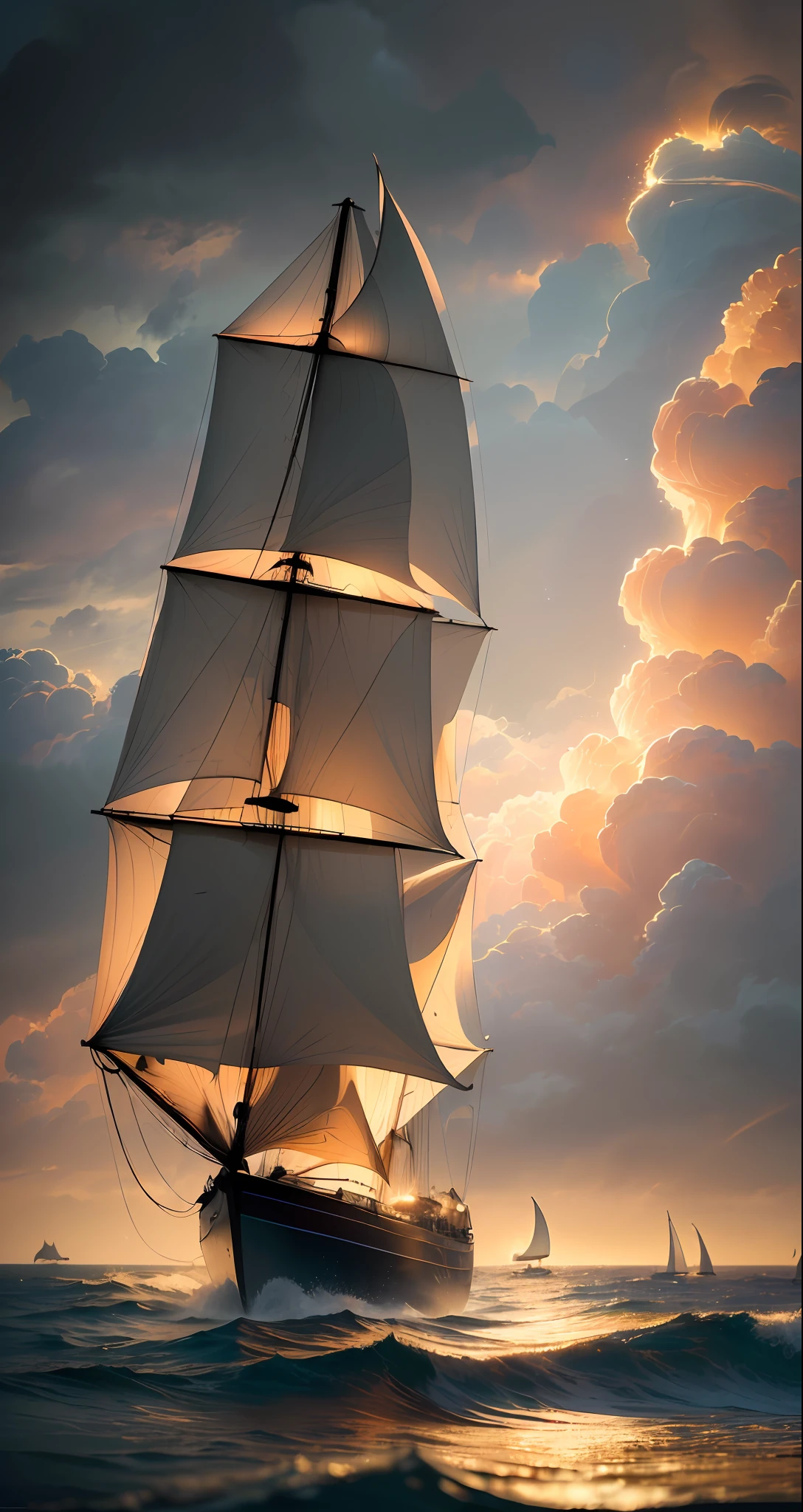 (((8k, RAW photo, Best Quality, Masterpiece: 1.4))), Ultra High Resolution, Ultra Detailed, Illustration, Close Up, Environment Only, (spectral ghost sailing ship emerges form dark clouds), (glowing brightly with a golden light), (dark stormy sky), glistening, waves crash, dolphins swim alongside, imagination, outdoors, particle effects,