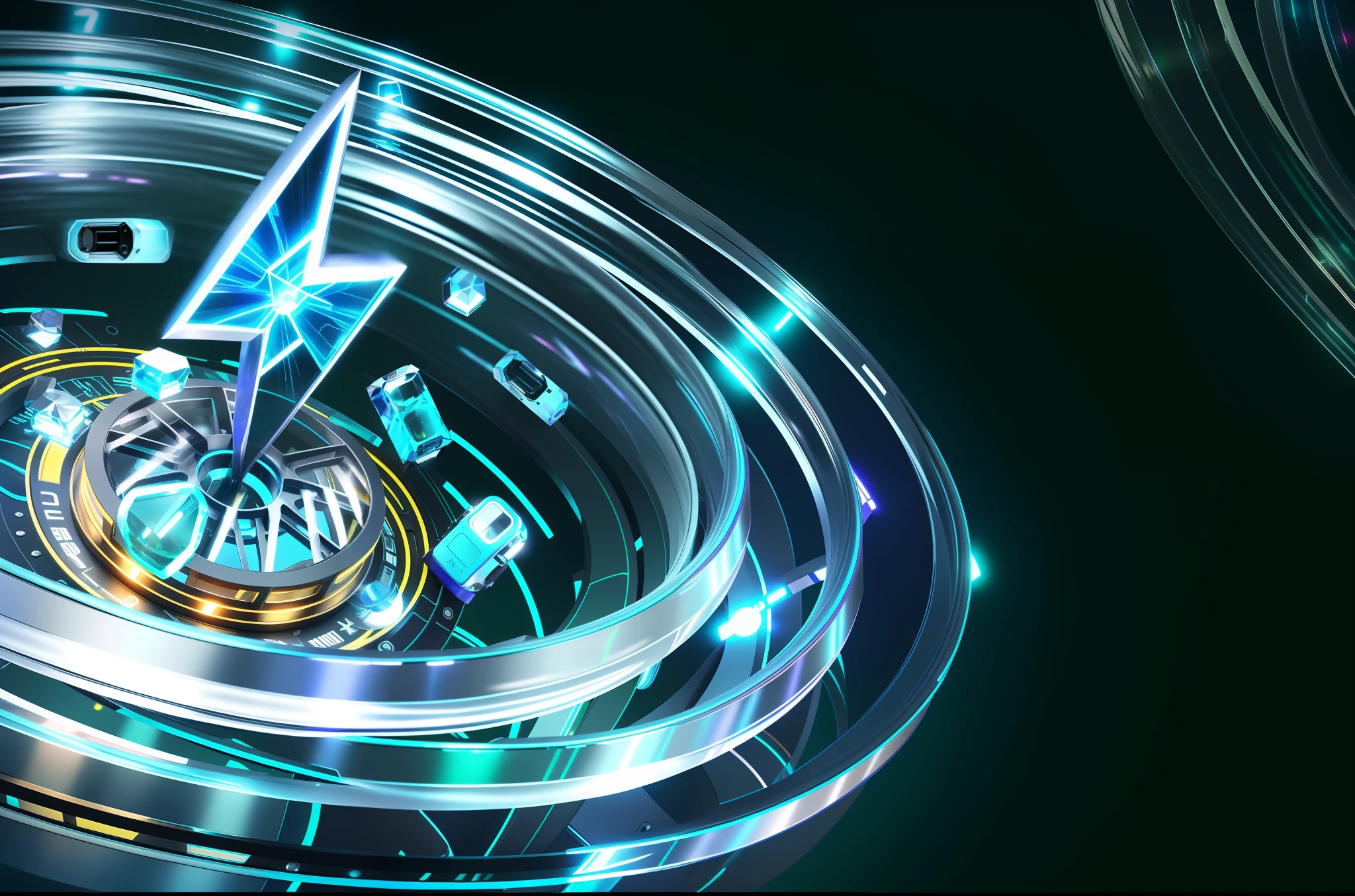Glass ring close-up with a lot of lights, futuristic ring texture, futuristic light sense, 4K punk wallpaper, amazing wallpaper, 4K HD illustration wallpaper, sci-fi night scene, futuristic portal, digital artwork 4k, sci-fi fantasy desktop wallpaper, futuristic digital art, ring body, teal series, lightning shape clear and clear, glowing contour lightning bolt shape, texture, three-dimensional, ring texture detail