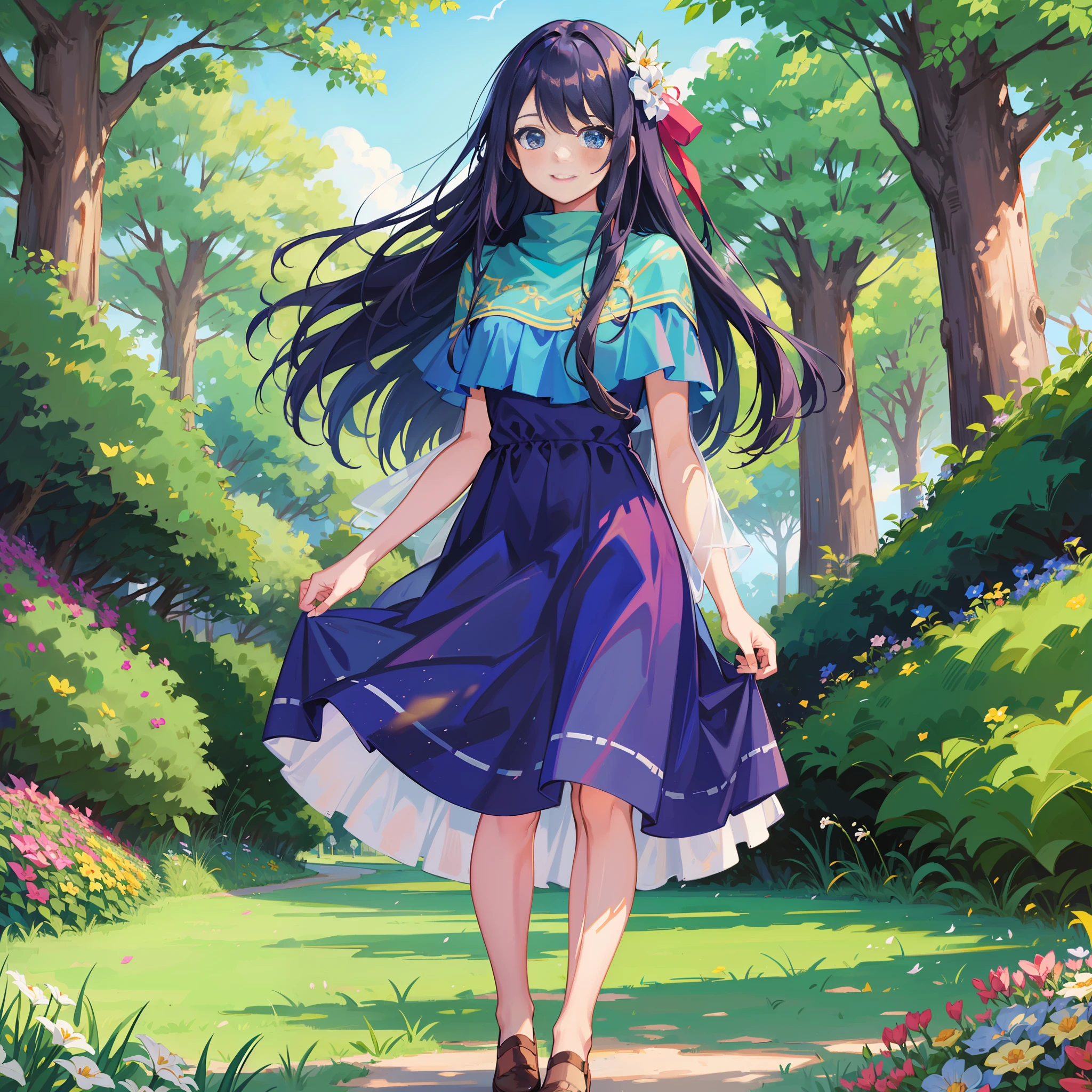 A cute girl in a blue dress with long hair and a shawl, smiling standing on the green grassy lawn. On a sunny summer day, the surroundings are full of colorful flowers. The girl's skirt and long hair that fluttered gently in the breeze exuded a pleasant atmosphere. The whole picture is full of youthful vitality and warmth.
