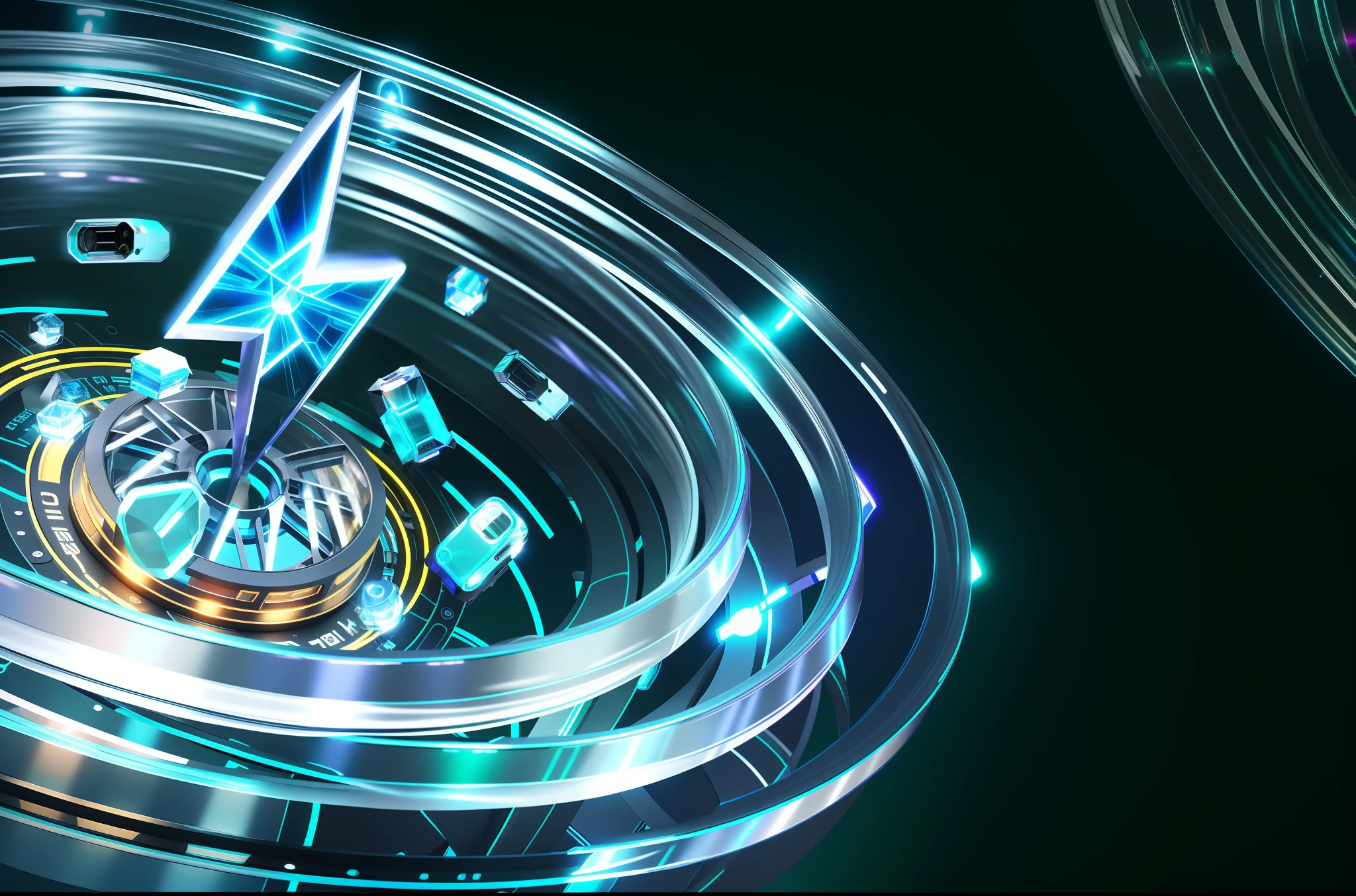 Glass ring close-up with a lot of lights, futuristic ring texture, futuristic light sense, 4K punk wallpaper, amazing wallpaper, 4K HD illustration wallpaper, sci-fi night scene, futuristic portal, digital artwork 4k, sci-fi fantasy desktop wallpaper, futuristic digital art, ring body, teal series, lightning shape clear and clear, glowing contour lightning bolt shape, texture, three-dimensional, ring texture detail