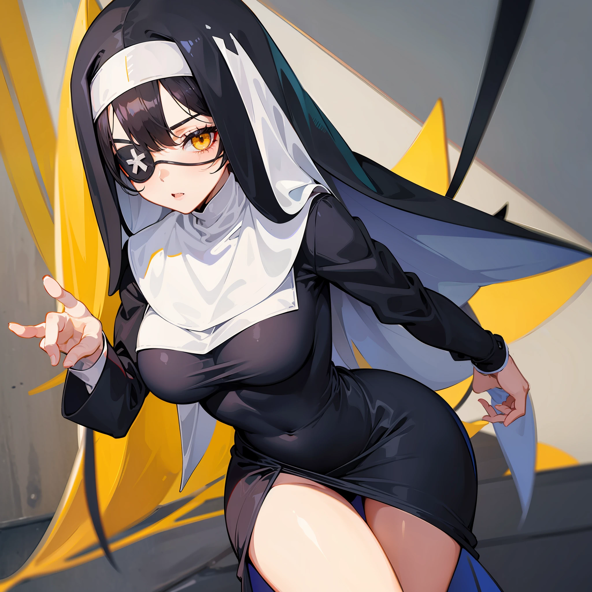 Nun, nun dress, sexy, big thighs, black hair, yellow eyes, eye patch