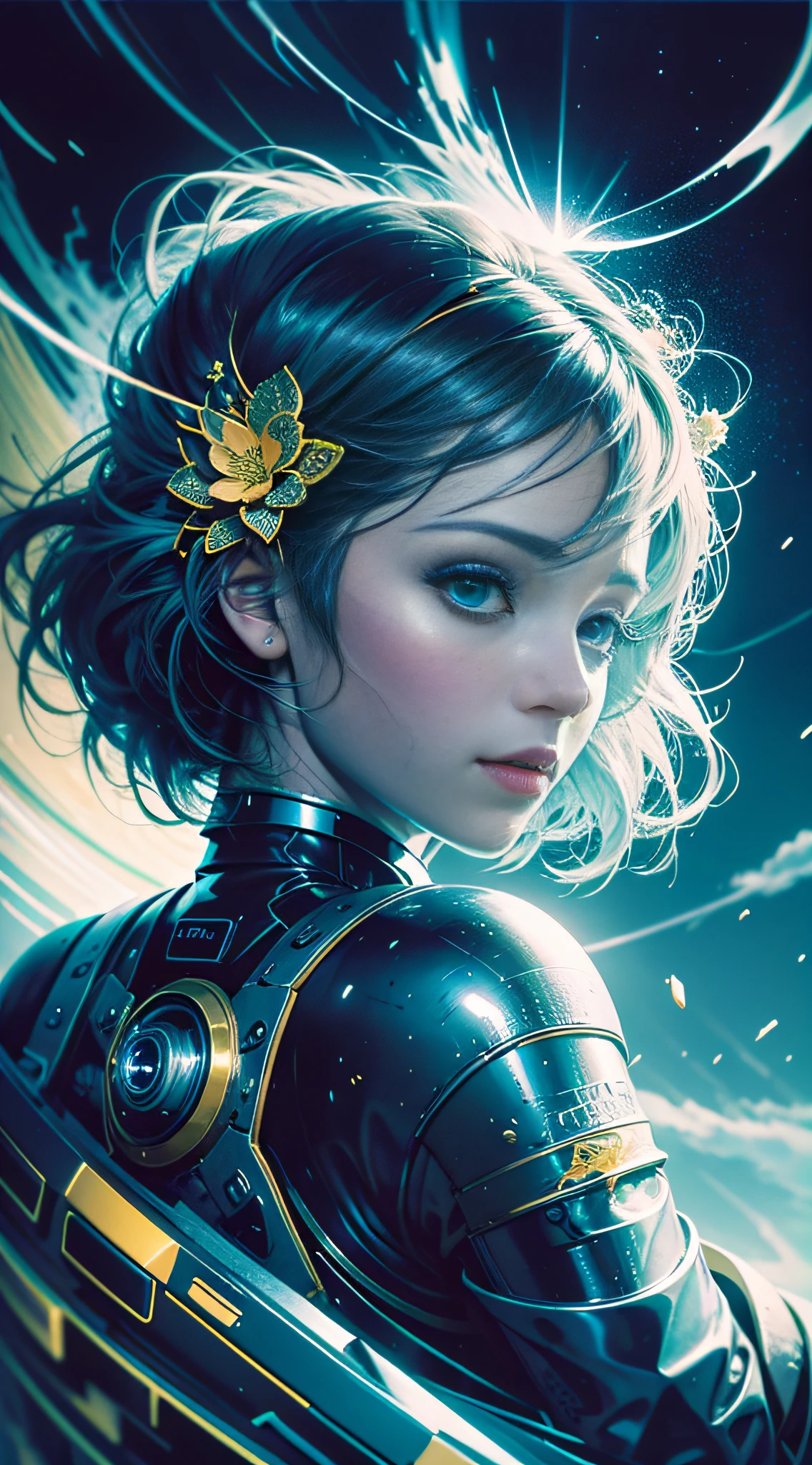 Digital Ilustration, Anime style, Woman, elemental mage, engulfed in blue flames and yellow rays, colorful, depth of field, beautiful, highly detailed, hyperrealistic, cinematic lighting, clear, space background, soft cinematic lighting, (backlighting) : 1.2), (flowering: 1.2), (bright light: 1.1), (chromatic aberration: 1.2), sharp focus, high contrast ,masterpiece, photorealistic