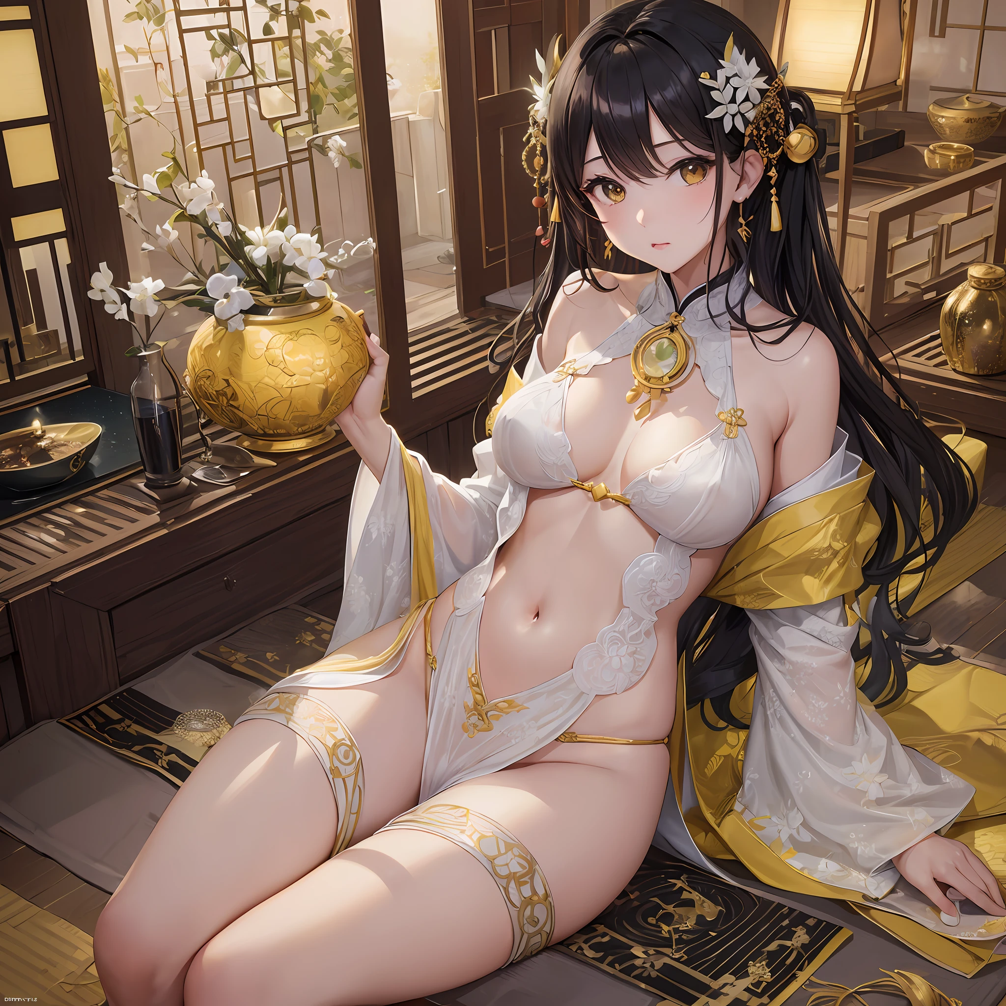 Ultimate Masterpiece, (Fidelity: 1.2), (Sexy), (Asian)), Infinite Scenery, (White: 1.2 + Fair: 1.1), Medium Chest, Two Spots Slightly Revealed, (Transparent: 1.1), Looming, (Thong: 1.5), Pubic Hair, Open Crotch, Open Legs, (Smooth: 1.1), (Clear Curve Details: 1.1), (Cute: 0.9), (Shiny: 1.1), (Japanese Goddess: 1.2), Domestic style, warmest yellow, ambiguous and elegant, The model is beautiful and sexy, requires high contrast, with a bit of Japanese elements. --auto --s2