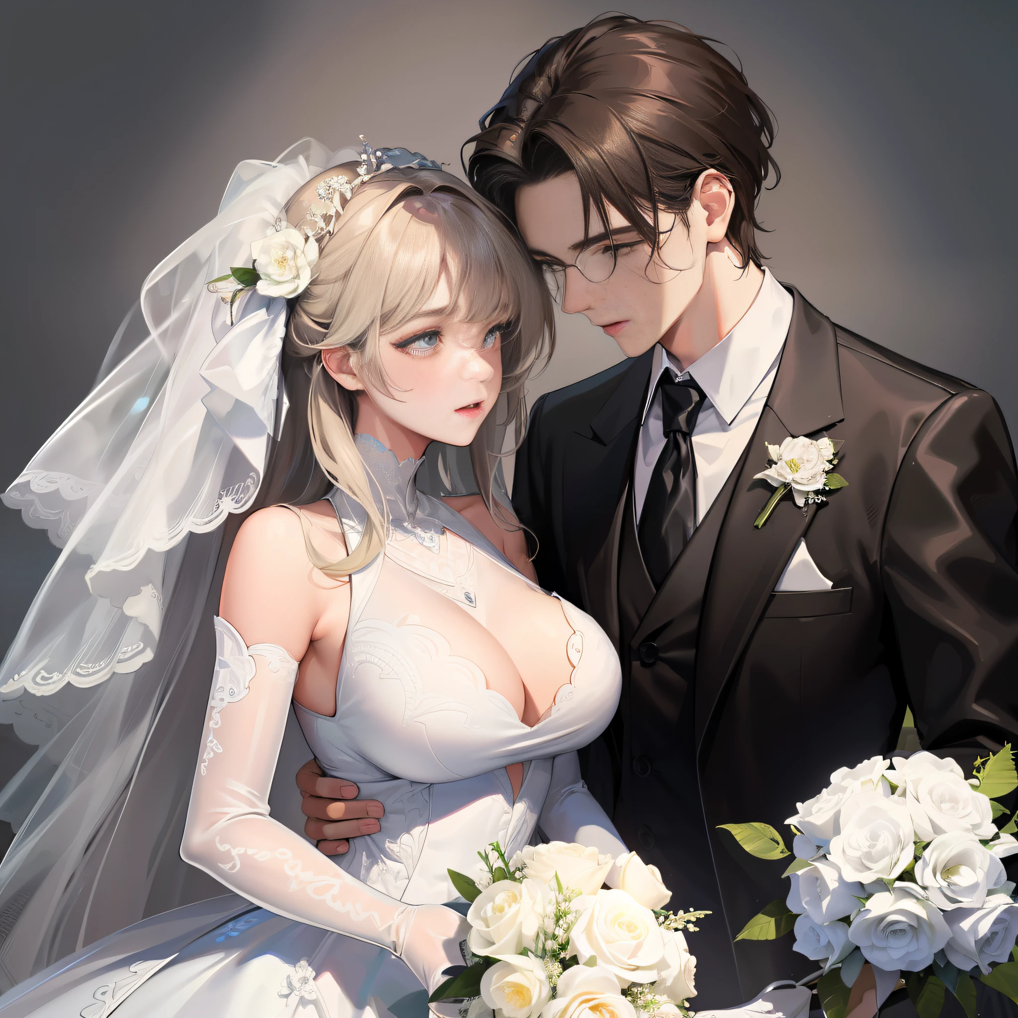 Masterpiece, highest picture quality, a couple, a man and a woman are getting married, men's black suits, women's white wedding dresses, flowers, gorgeous background, handsome boys, beautiful girls, girls show delicate collarbones, girls' breasts are very large, two people look at each other,