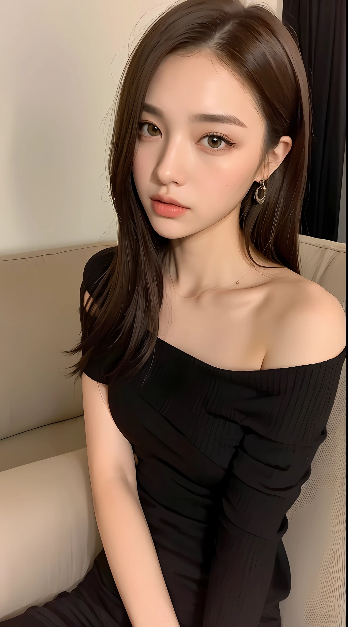 ((Night view, realistic light, best quality, 8k, masterpiece: 1.3)), 1girl, pretty woman with slim figure: 1.4, (brown hair, medium breasts: 1.3), off-the-shoulder cut top: 1.3, sofa, super detailed face, detailed eyes, double eyelids