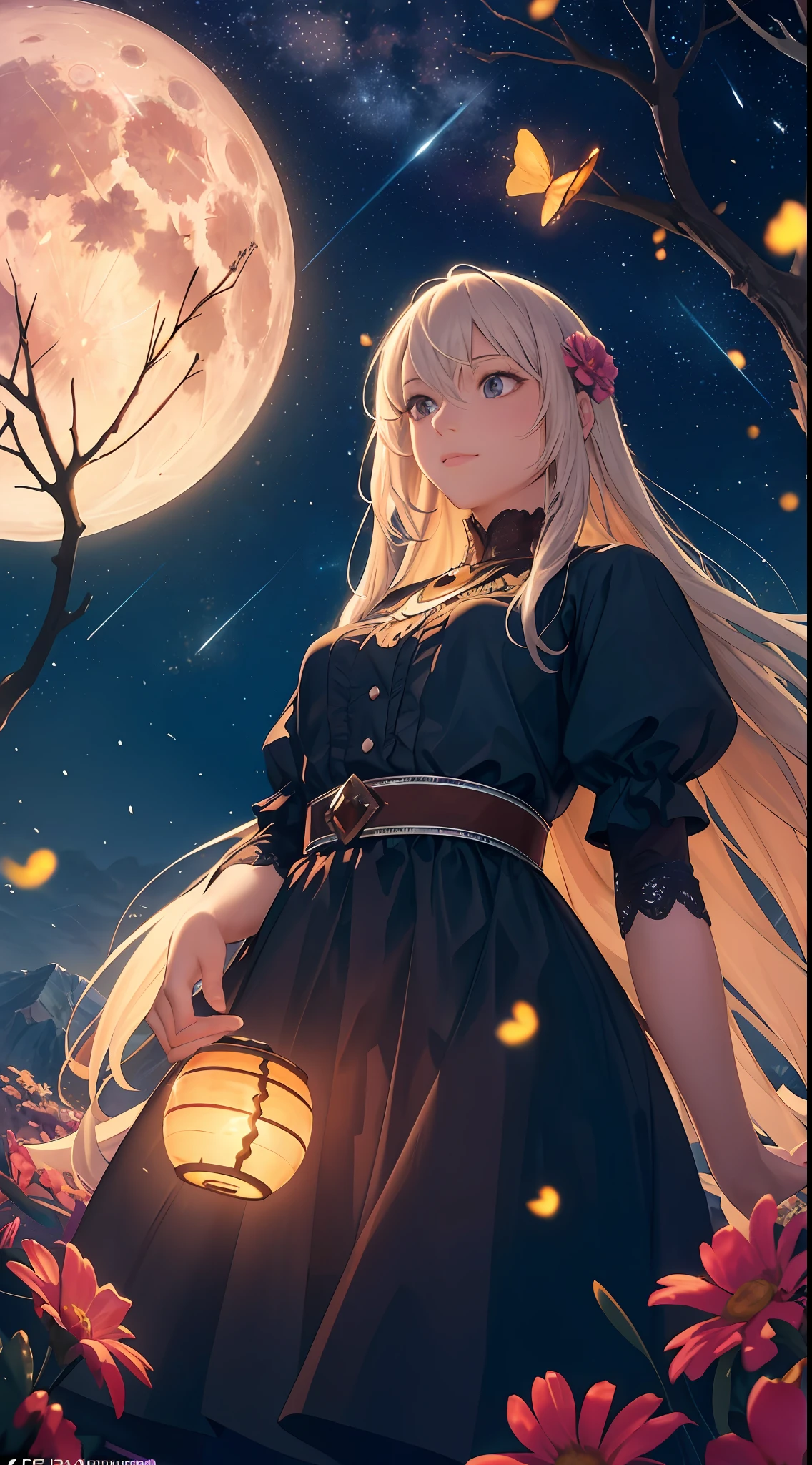 Vast landscape photo, (viewed from below, the sky is above and the open field is below), a girl standing on a flower field looking up, (full moon: 1.2), (meteor: 0.9), (nebula: 1.3), distant mountains , Trees BREAK Crafting Art, (Warm Light: 1.2), (Fireflies: 1.2), Lights, Lots of Purple and Orange, Intricate Details, Volumetric Lighting, Realism BREAK (Masterpiece: 1.2), (Best Quality), 4k, Ultra-Detailed, (Dynamic Composition: 1.4), Very Detailed, Colorful Details, (Rainbow Colors: 1.2), (Glow Lighting, Atmospheric Lighting), Dreamy, Magical, (Solo: 1.2)