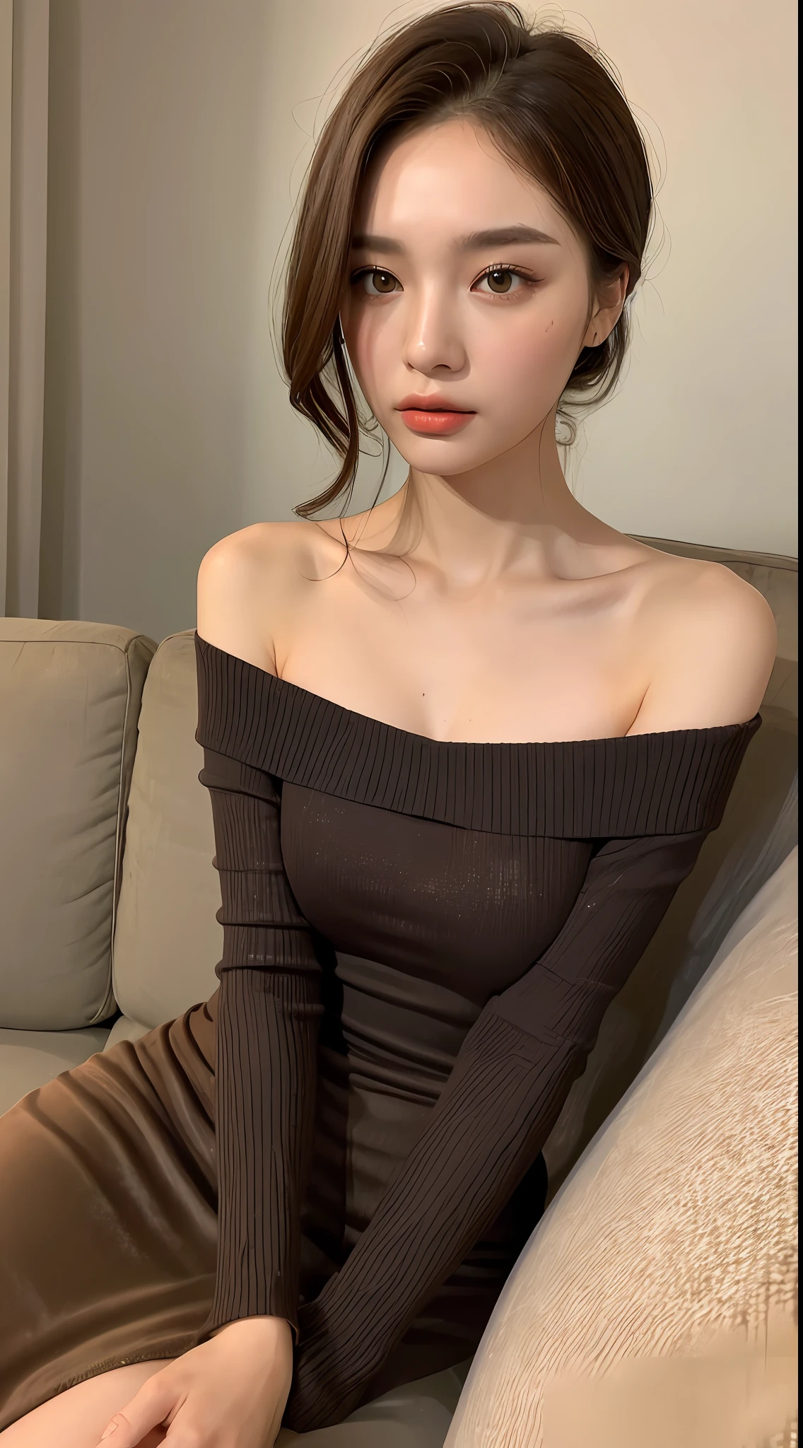 ((Night view, realistic light, best quality, 8k, masterpiece: 1.3)), 1girl, pretty woman with slim figure: 1.4, (brown hair, medium breasts: 1.3), off-the-shoulder cut top: 1.3, sofa, super detailed face, detailed eyes, double eyelids