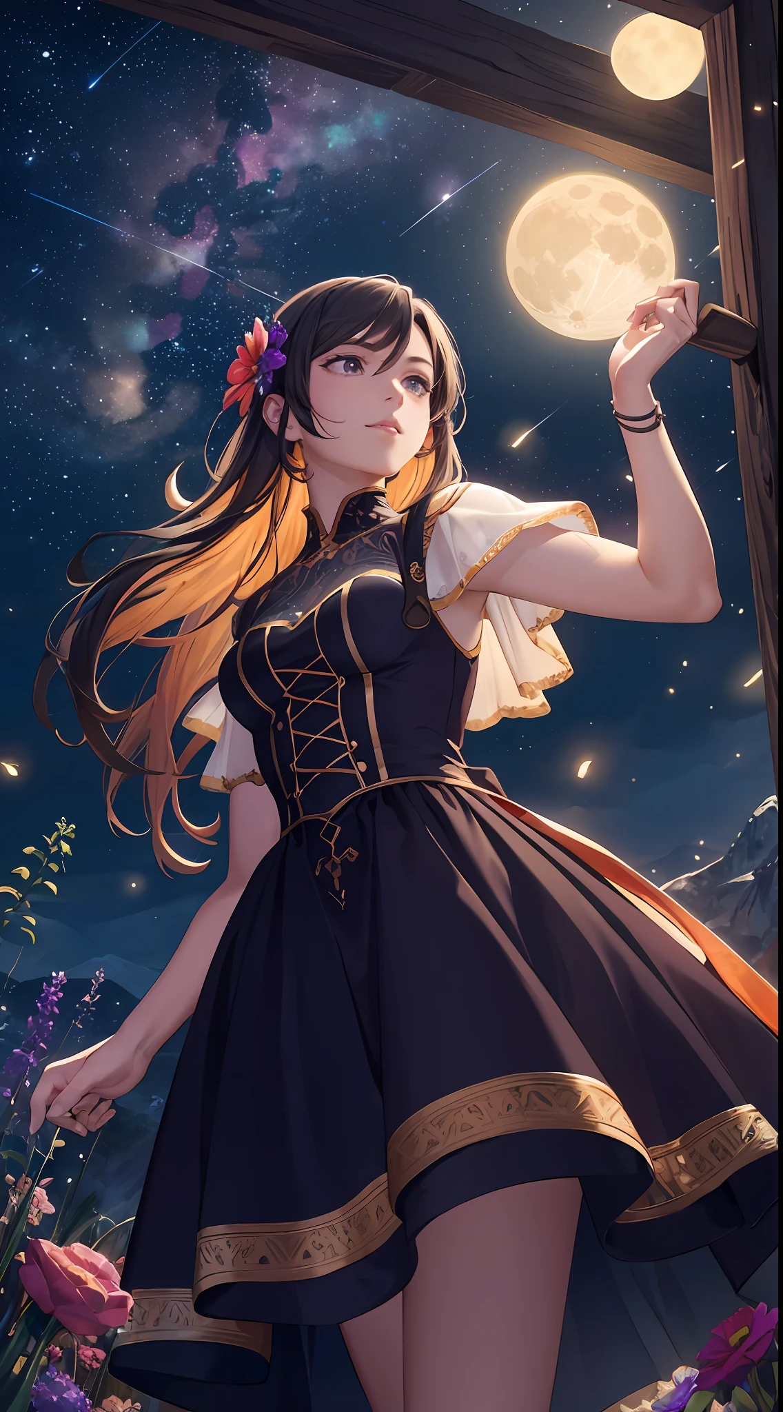Vast landscape photo, (viewed from below, the sky is above and the open field is below), a girl standing on a flower field looking up, (full moon: 1.2), (meteor: 0.9), (nebula: 1.3), distant mountains , Trees BREAK Crafting Art, (Warm Light: 1.2), (Fireflies: 1.2), Lights, Lots of Purple and Orange, Intricate Details, Volumetric Lighting, Realism BREAK (Masterpiece: 1.2), (Best Quality), 4k, Ultra-Detailed, (Dynamic Composition: 1.4), Very Detailed, Colorful Details, (Rainbow Colors: 1.2), (Glow Lighting, Atmospheric Lighting), Dreamy, Magical, (Solo: 1.2)