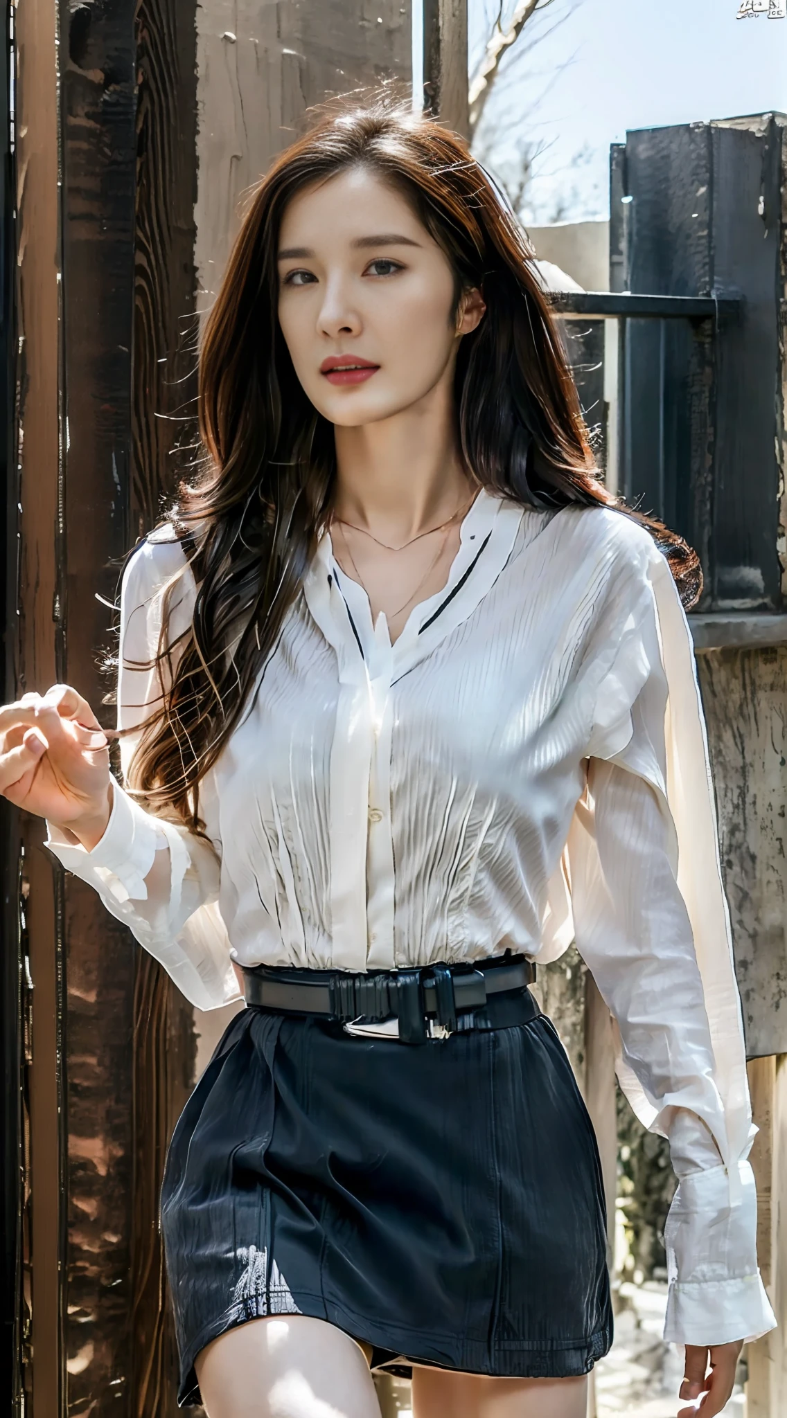 (Best quality, High resolution, Masterpiece :1.3), A tall and pretty woman, Slender abs, Dark brown hair styled in loose waves, Breasts, Wearing pendant, White button up shirt, Belt, Black skirt, (Modern architecture in background), Details exquisitely rendered in the face and skin texture, Detailed eyes, Double eyelid