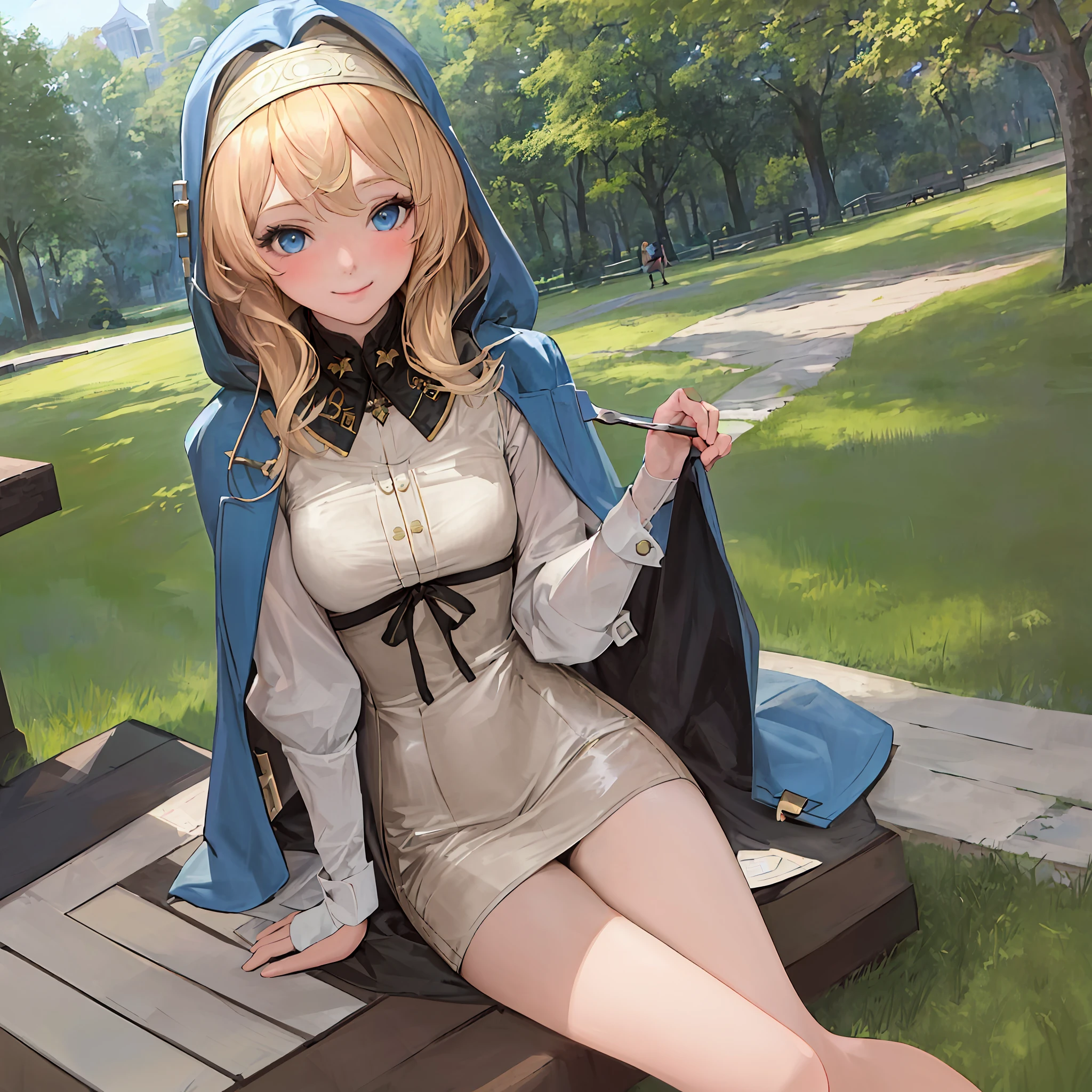 masterpiece, Best quality, 1girl, Beautiful, Fine, Delicate, Very complex, Detailed, Blonde hair, Jacket, Blue eyes, ((Masterpiece)), Very detailed, Best quality, High resolution, ((In the park)), Bridget, Smile,Eating parfait