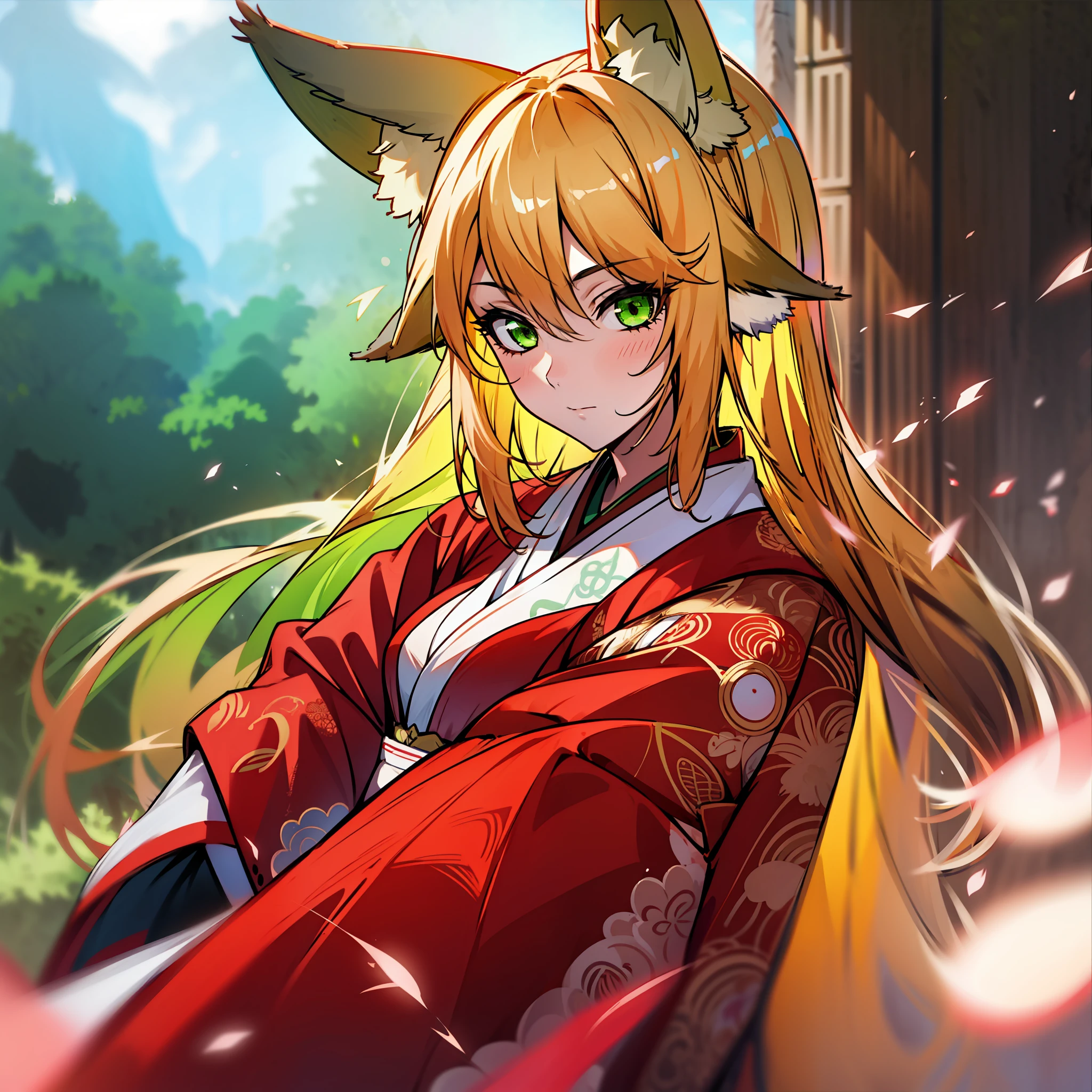 A girl with fox ears, green eyes, chinoiserie clothes