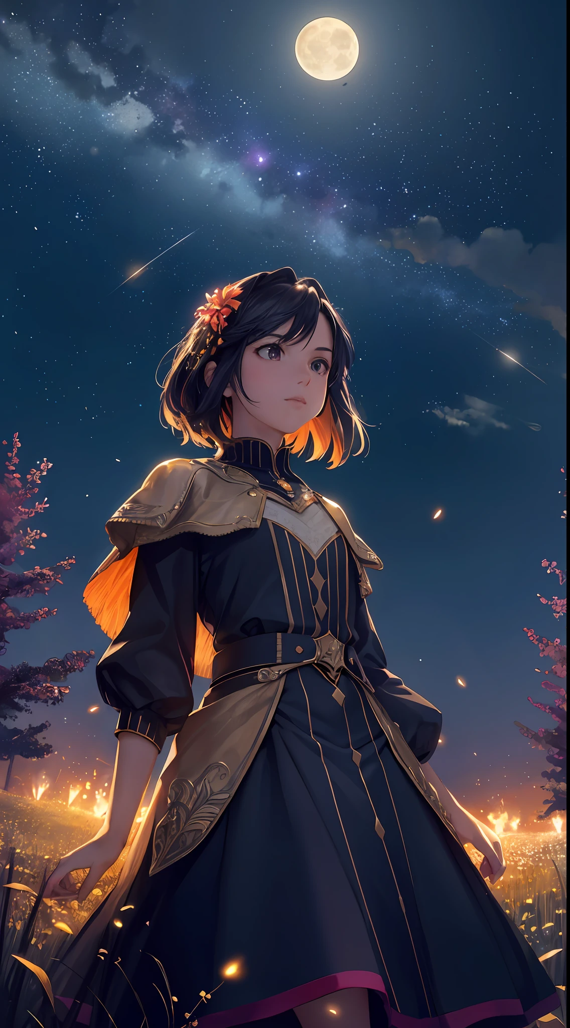 Vast landscape photo, (viewed from below, the sky is above and the open field is below), a girl standing on a flower field looking up, (full moon: 1.2), (meteor: 0.9), (nebula: 1.3), distant mountains , Trees BREAK Crafting Art, (Warm Light: 1.2), (Fireflies: 1.2), Lights, Lots of Purple and Orange, Intricate Details, Volumetric Lighting, Realism BREAK (Masterpiece: 1.2), (Best Quality), 4k, Ultra-Detailed, (Dynamic Composition: 1.4), Very Detailed, Colorful Details, (Rainbow Colors: 1.2), (Glow Lighting, Atmospheric Lighting), Dreamy, Magical, (Solo: 1.2)