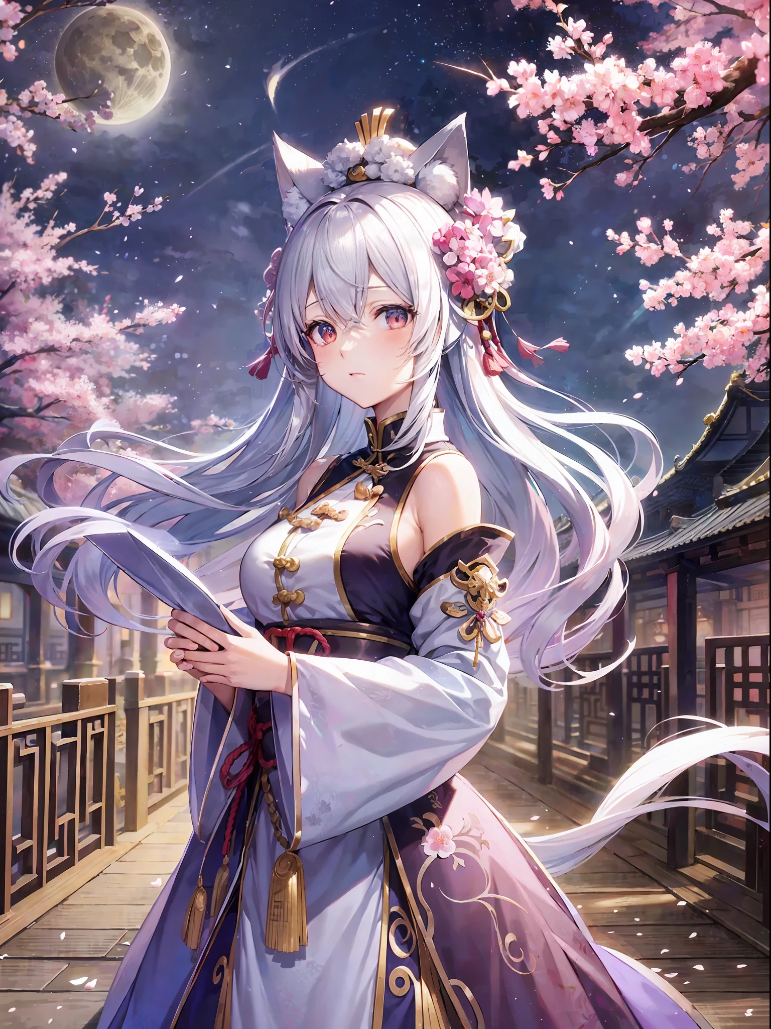 An anime girl, white hair and white fox ears, nine white fluffy fox tails, holding an ancient Chinese sword, gorgeous ancient Chinese costumes, exquisite headdress, standing on an ancient Chinese promenade, looking up at the bright moon and starry sky of the Tianshan Mountains, cherry blossom petals fluttering in the wind, beautiful fantasy anime, anime fantasy illustration, intricate gorgeous anime CGI style, beautiful anime, beautiful anime style, anime illustration, soft anime illustration, pastel colors, anime, anime style, masterpiece, super detail, Best quality
