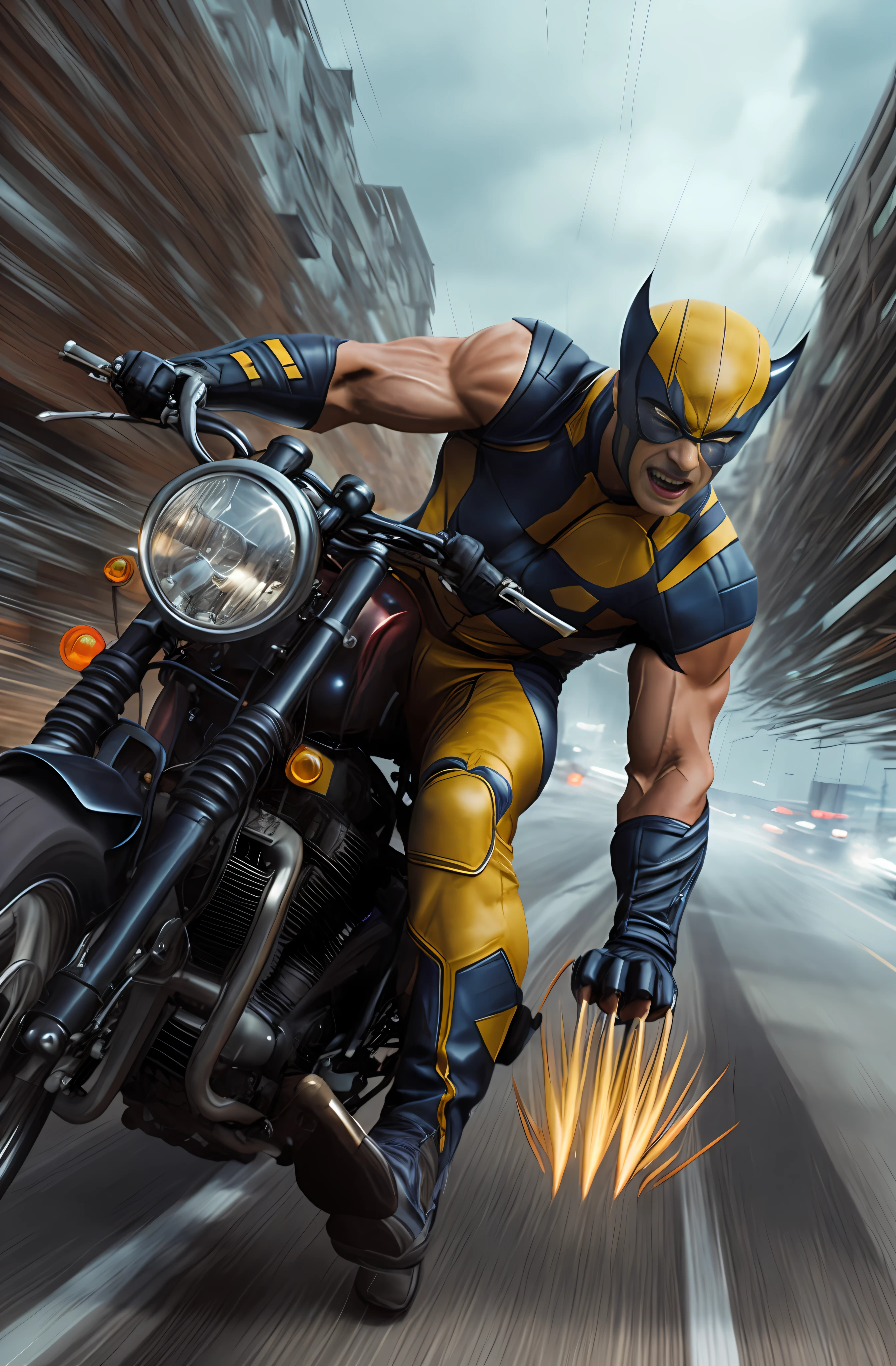 Wolverine, X-MEN, leather suit, atop a motorcycle, speeding.