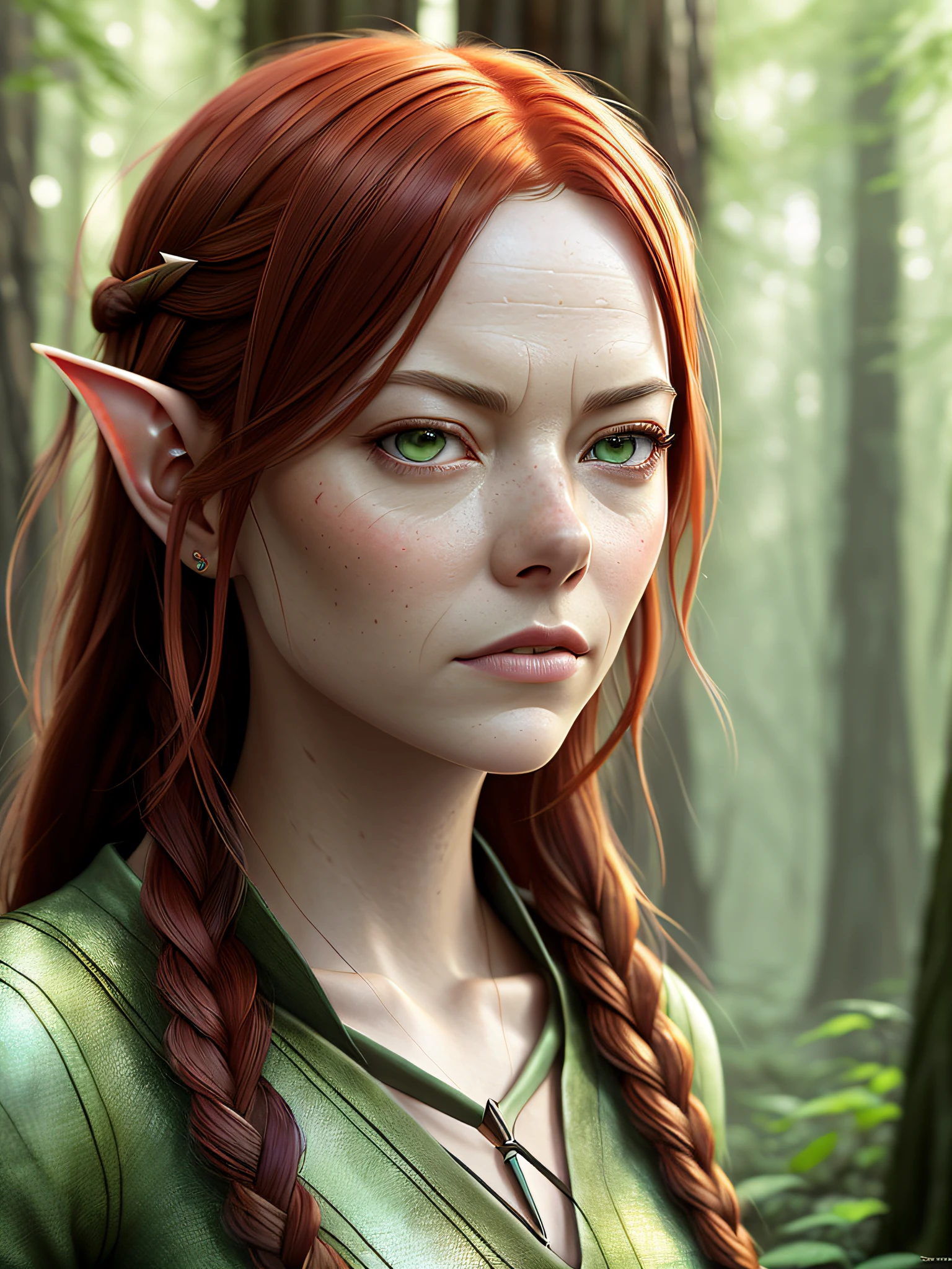 High detail RAW colored art, animation, red hair with braids, hazelnut eyes, white skin, ((Emma Stone as an elf in the redwood forest)), portrait, elf ears, ((cartoon style)), ((lord of the rings) ), (shy), mystical, elegant, gorgeous face, green silk dress, elven forest, (detailed skin, skin texture), elf, magical atmosphere, (muscle), (detailed skin, skin texture), intricate detail, fine detail, hyperdetailed, ray tracing, subsurface scattering, diffuse soft lighting, shallow depth of field, by (Oliver Wetter) Atey Ghailan, by Jeremy Mann, Greg Manchess, Antonio Moro, trend at ArtStation, trend at CGSociety, Intricate, High Detail, Sharp Focus, dramatic and photorealistic painting art by Midjourney and Greg Rutkowski, bokeh in the background