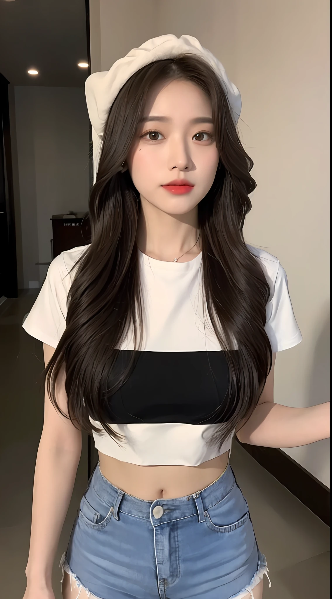 ((Best Quality, 8K, Masterpiece: 1.3)), (Flower Cap: 1.3), Focus: 1.2, Perfect Body Beauty: 1.4, Buttocks: 1.2, (Layered Haircut: 1.2)), (Dark Street: 1.3), Highly Detailed Face and Skin Texture, Full Body, Delicate Eyes, Double Eyelids, Whitened Skin, Long Hair, (Round Face: 1.5), (Loose Crop Top, Shorts: 1.6)