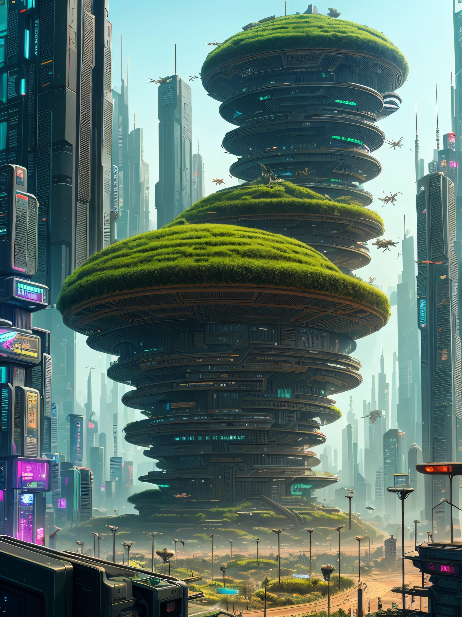 a cyberpunk city in the shape of an anthill with furturistic ants