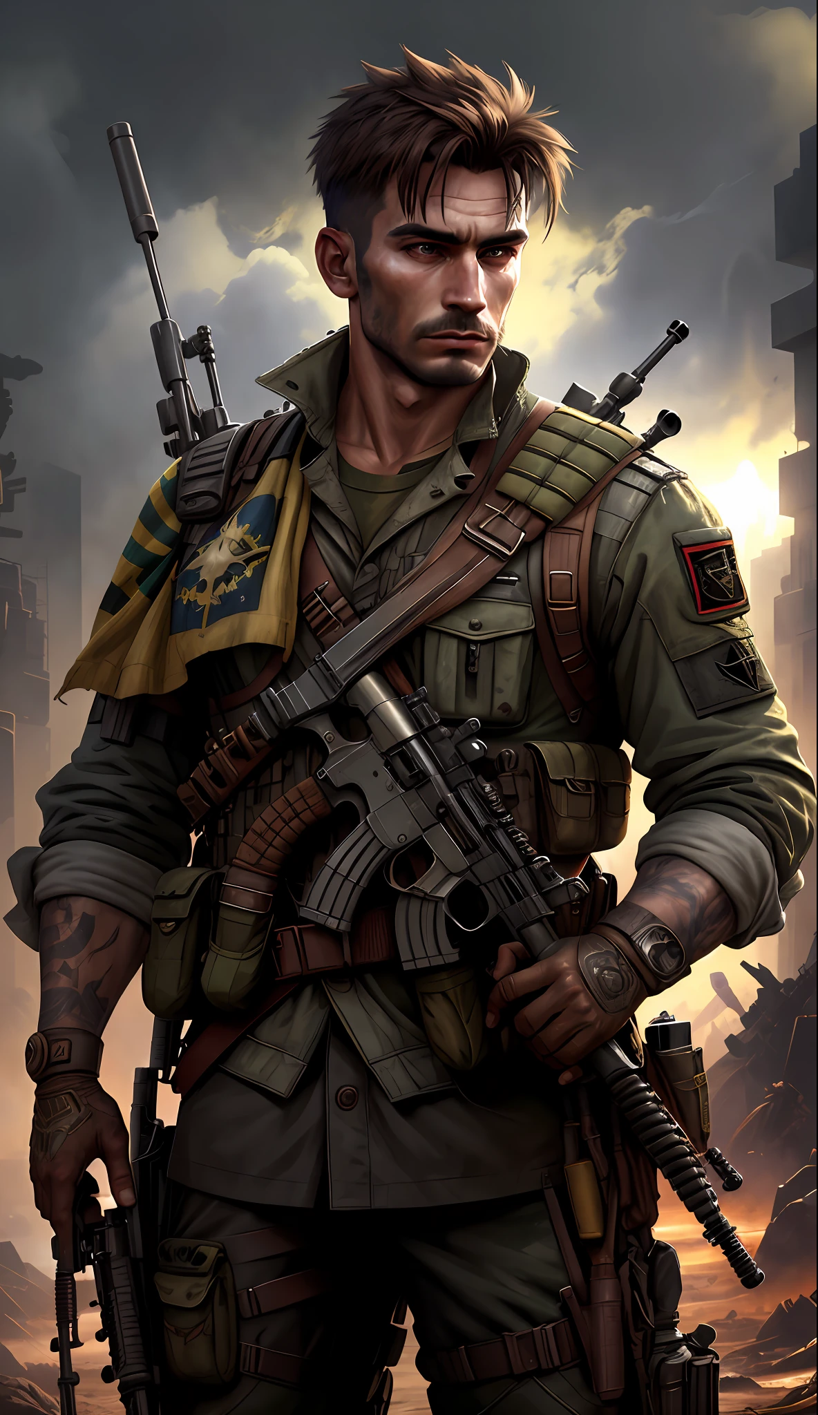 Soldier with dark uniform and Brazilian flag on shoulder,and rifle, ruined background, realistic, stylish, rutkowski, hdr, intricate details, hyperdetailed, cinematic, rim light, danger atmosphere