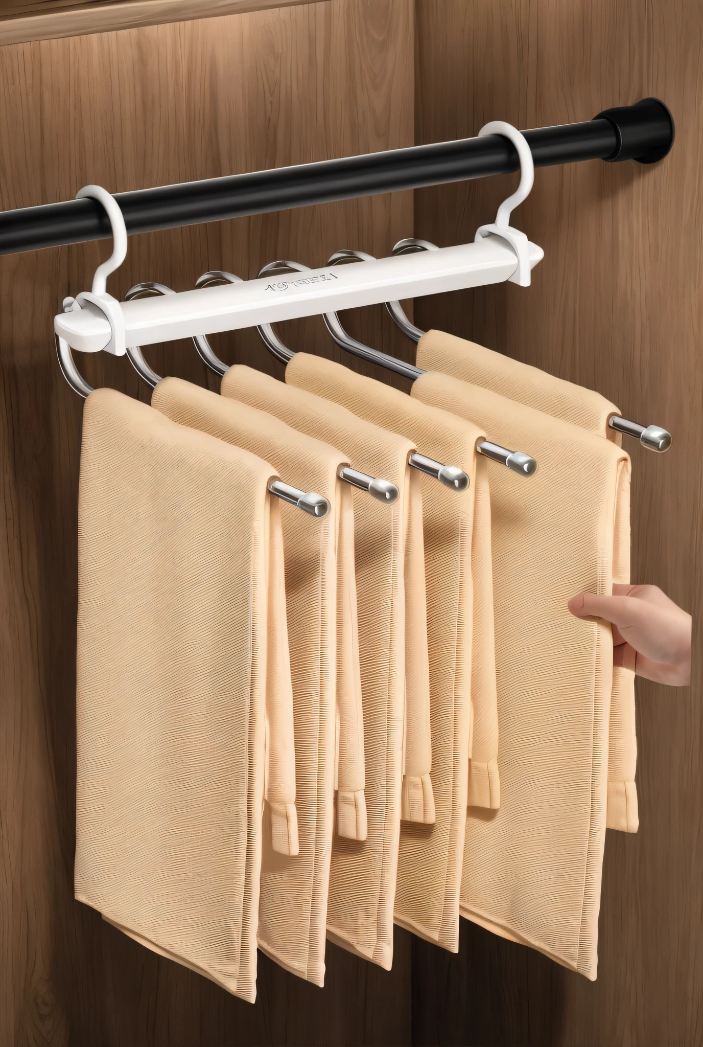 there is a person pointing at a rack with towels hanging on it, amazing depth, elegant look, rich details, incredible depth, true realistic image, precision, with everything in its place, arc, with fluent cloths, detailed zoom photo, exquisite detail, perfect detail, maxar, oz, special, bottom angle, feel of depth, depth detail