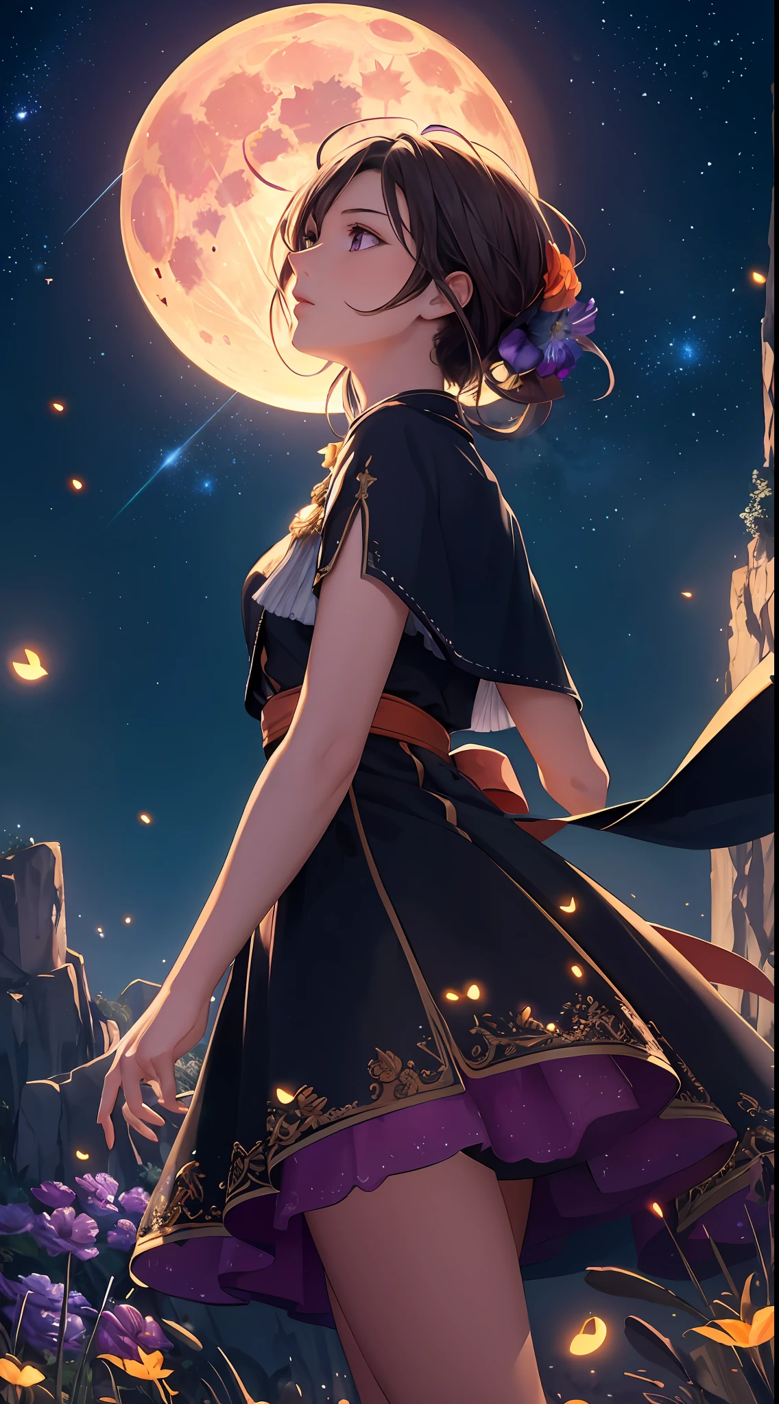 Vast landscape photo, (viewed from below, the sky is above and the open field is below), a girl standing on a flower field looking up, (full moon: 1.2), (meteor: 0.9), (nebula: 1.3), distant mountains , Trees BREAK Crafting Art, (Warm Light: 1.2), (Fireflies: 1.2), Lights, Lots of Purple and Orange, Intricate Details, Volumetric Lighting, Realism BREAK (Masterpiece: 1.2), (Best Quality), 4k, Ultra-Detailed, (Dynamic Composition: 1.4), Very Detailed, Colorful Details, (Rainbow Colors: 1.2), (Glow Lighting, Atmospheric Lighting), Dreamy, Magical, (Solo: 1.2)