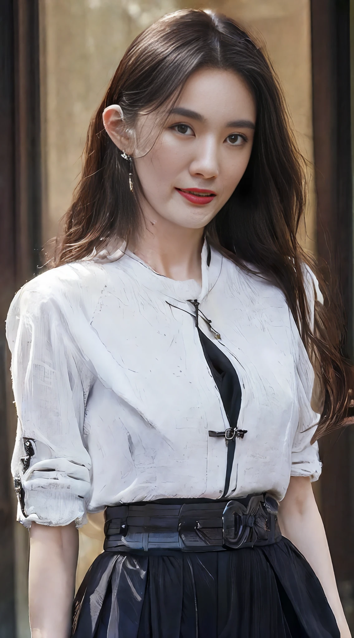 (Best quality, High resolution, Masterpiece :1.3), A tall and pretty woman, Slender abs, Dark brown hair styled in loose waves, Breasts, Wearing pendant, White button up shirt, Belt, Black skirt, (Modern architecture in background), Details exquisitely rendered in the face and skin texture, Detailed eyes, Double eyelid