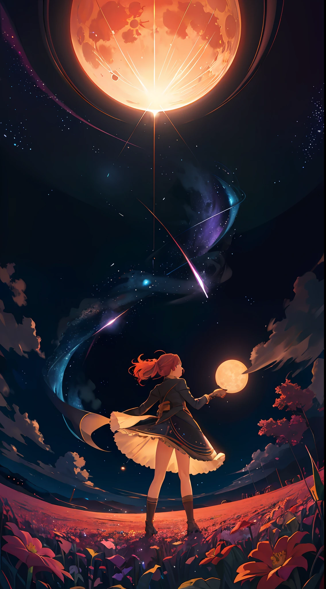 Vast landscape photos, (from below, the sky above, open fields below), a girl standing on a flower field looking up, backside, (Full Moon: 1.2), (Meteor: 0.9), (Nebula: 1.3), Distant Mountains, Trees BREAK Making Art, (Warm Light Source: 1.2), (Firefly: 1.2), Lamps, Lots of Purple and Orange, Intricate Detailing, Volumetric Lighting, Realism BREAK (Masterpiece: 1.2), (Best Quality), 4K, Ultra-Detailed, (Dynamic Composition: 1.4), Very Detailed, Colorful Detail, (Iridescent Color: 1.2), (Glow Illumination, Atmospheric Lighting), Dreamy, Magical, (Solo: 1.2)