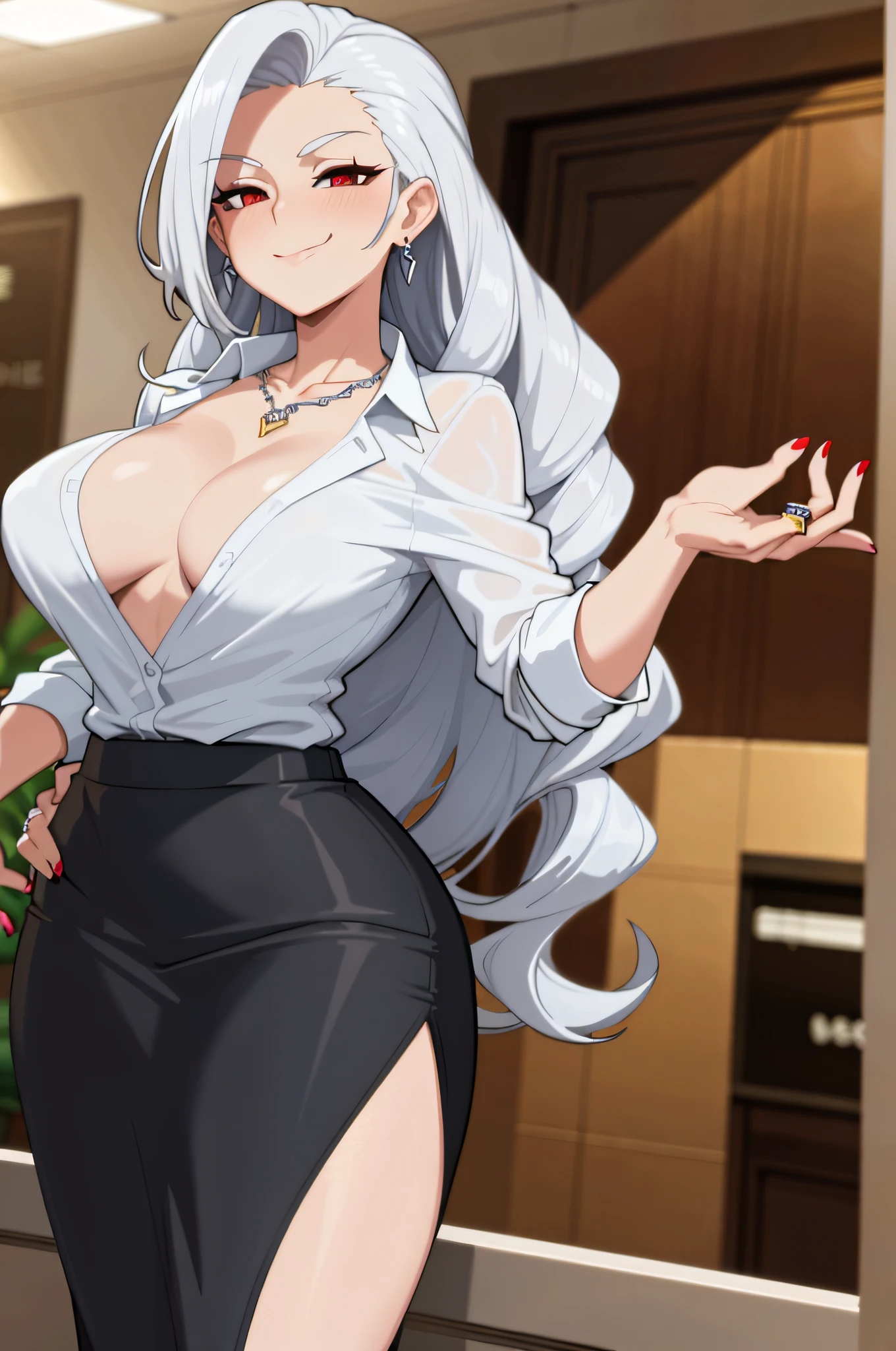 beautiful, (masterpiece:1.2), (best quality:1.2), perfect eyes, perfect face, perfect lighting, 1girl, mature businesswoman, MILF, large breasts, smug smile, pencil skirt, white shirt, cleavage, long hair, wavy hair, silver hair, red eyes, necklace, earrings, ring, long nails, one hand on hip, office, detailed background