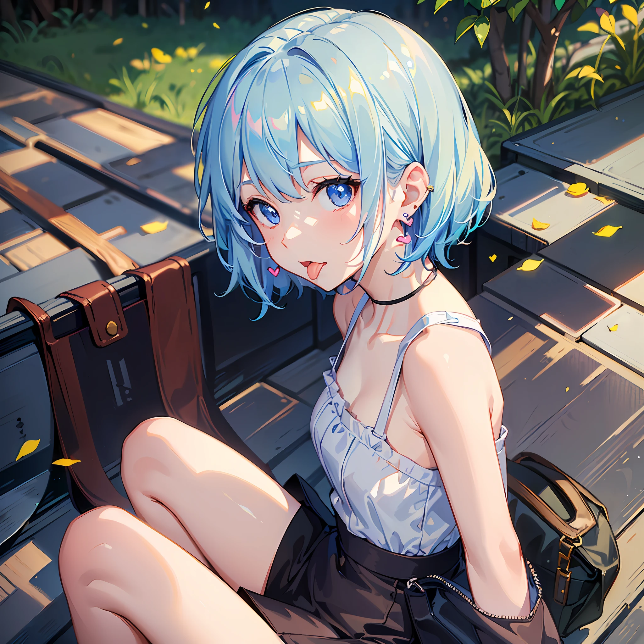 (((Masterpiece)))), (Best Quality))), Hi-Res, High Angle, (Upper Body), Facing the viewer, Sitting with legs in hand, Summer-Battering, ((Cute 1 Girl))), Solo, , , White Skin, Small, Eight-headed Person, (Light blue hair), (((Very short hair)), Crisp bangs, Beautiful hair, Blue eyes, Beautiful detail eyes, (((Sticking out tongue)), Hot, Heart, ( shoulder clothes), stomach clothes, pencil skirts, n summer clothes, earrings, outdoor, strong sunlight, shadow lighting,
