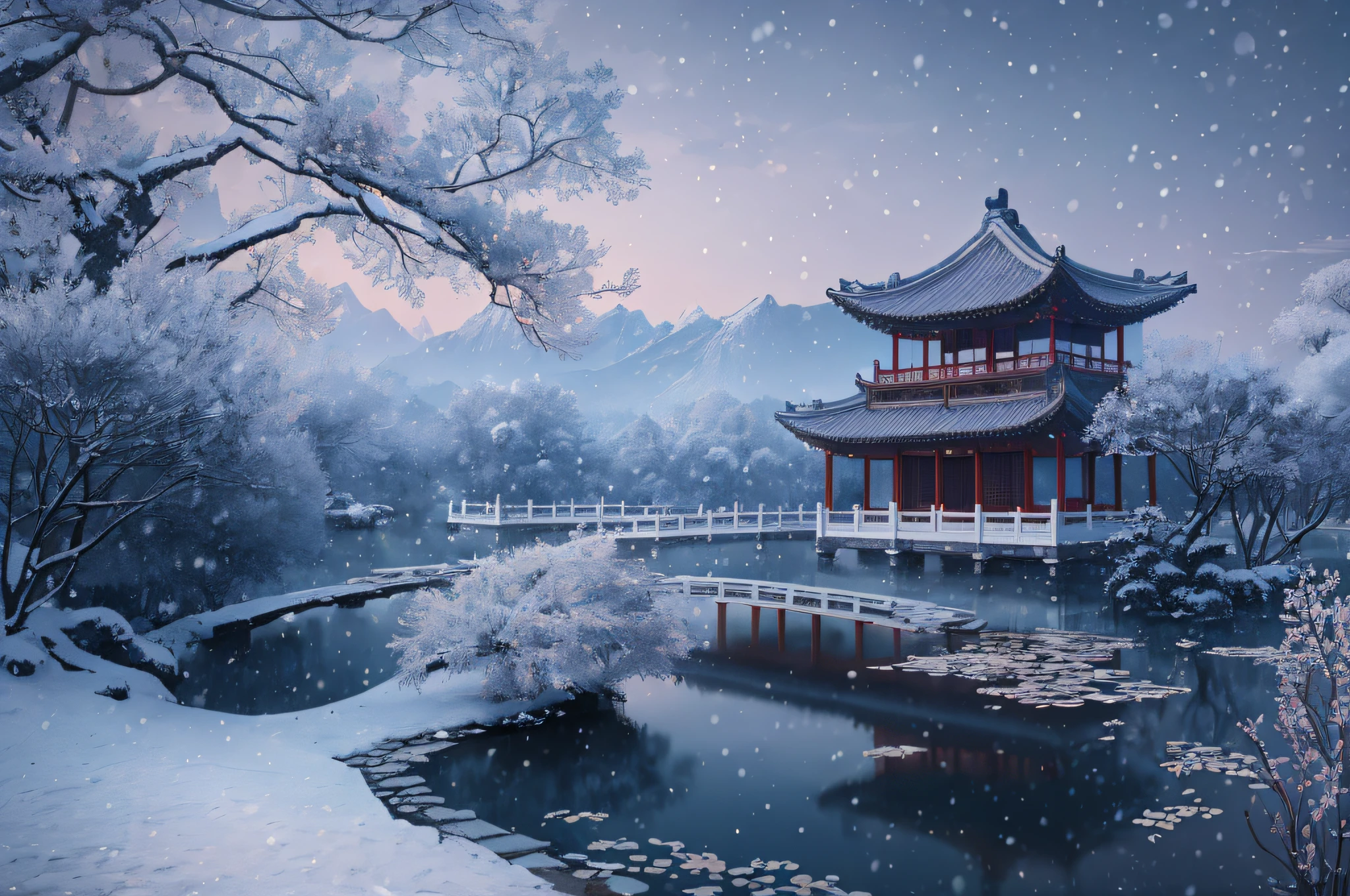 Masterpiece, best quality, high quality, extremely detailed CG unity 8k wallpaper, classical Chinese garden, landscape, Suzhou, winter, ((snowing)), outdoor, medium view, sky, daytime, landscape, water, tree, blue sky, nature, lake, river, cloudy sky, award winning photography, bokeh, depth of field, HDR, bloom, chromatic aberration, realism, very detailed, sad, trends on artstation, trends on CGsociety, intricate, high detail, dramatic, Midjourney art