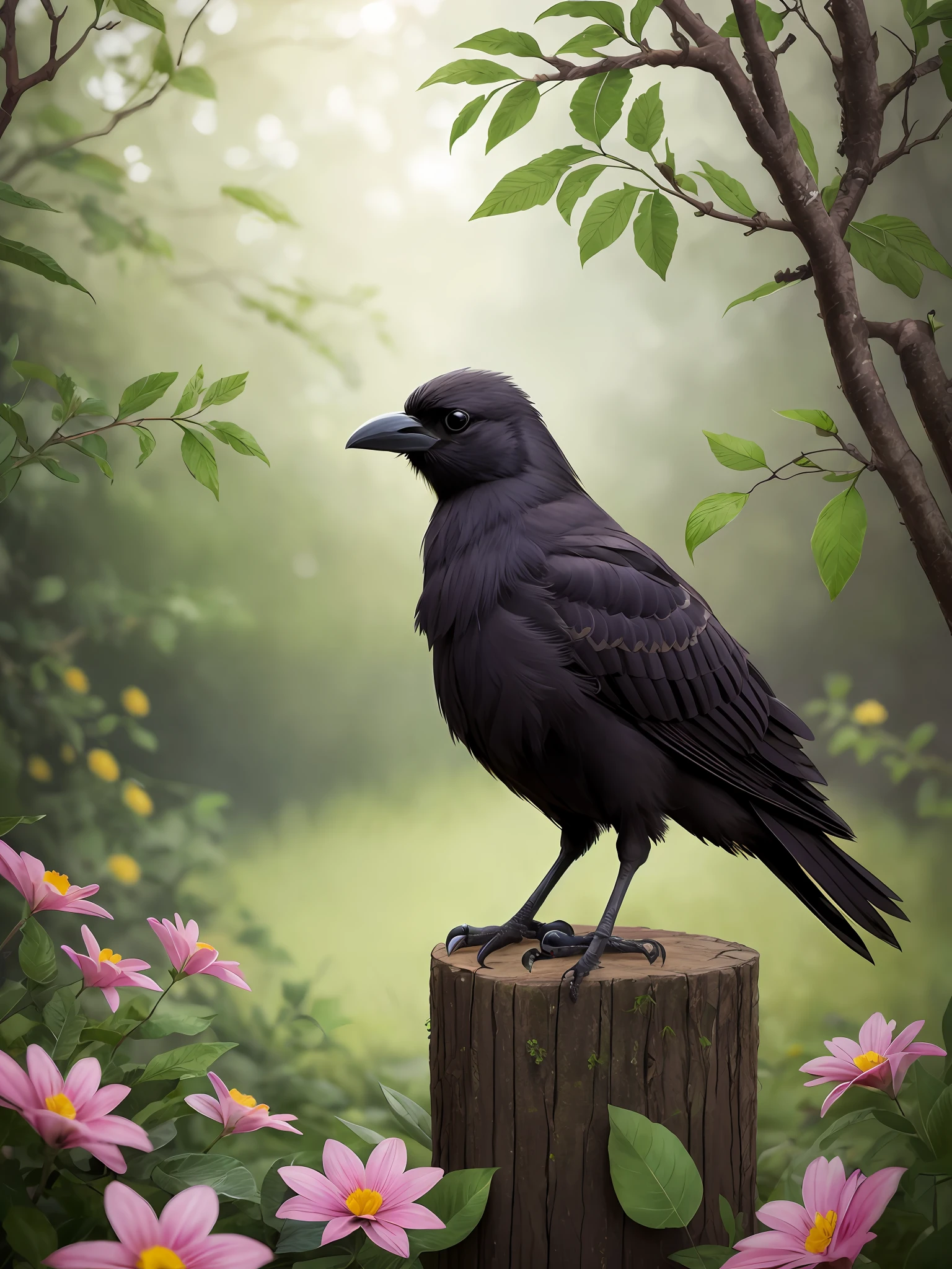 Epic realistic photography, a drawing of a cute (baby) (crow) surrounded by beautiful flowers and trees in a clearing in the forest