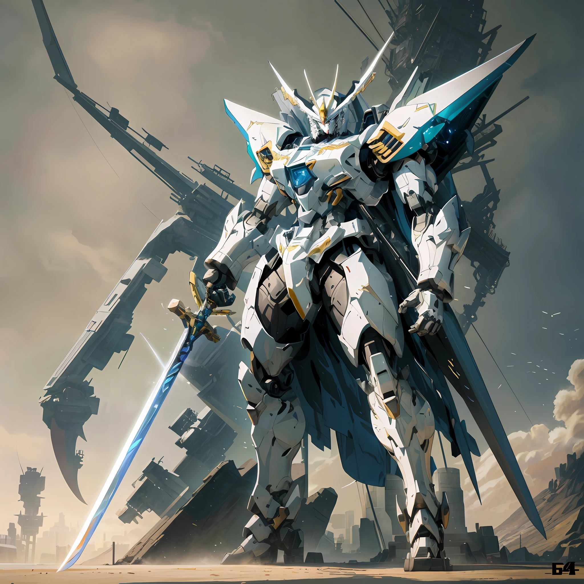 arafed robot standing in front of a huge structure with a sword, alexandre ferra white mecha, modern mecha anime, cool mecha style, an anime large mecha robot, white mecha, 4k highly detailed digital art, mecha art, concept art wallpaper 4k, anime mecha aesthetic, mecha anime, high quality digital concept art