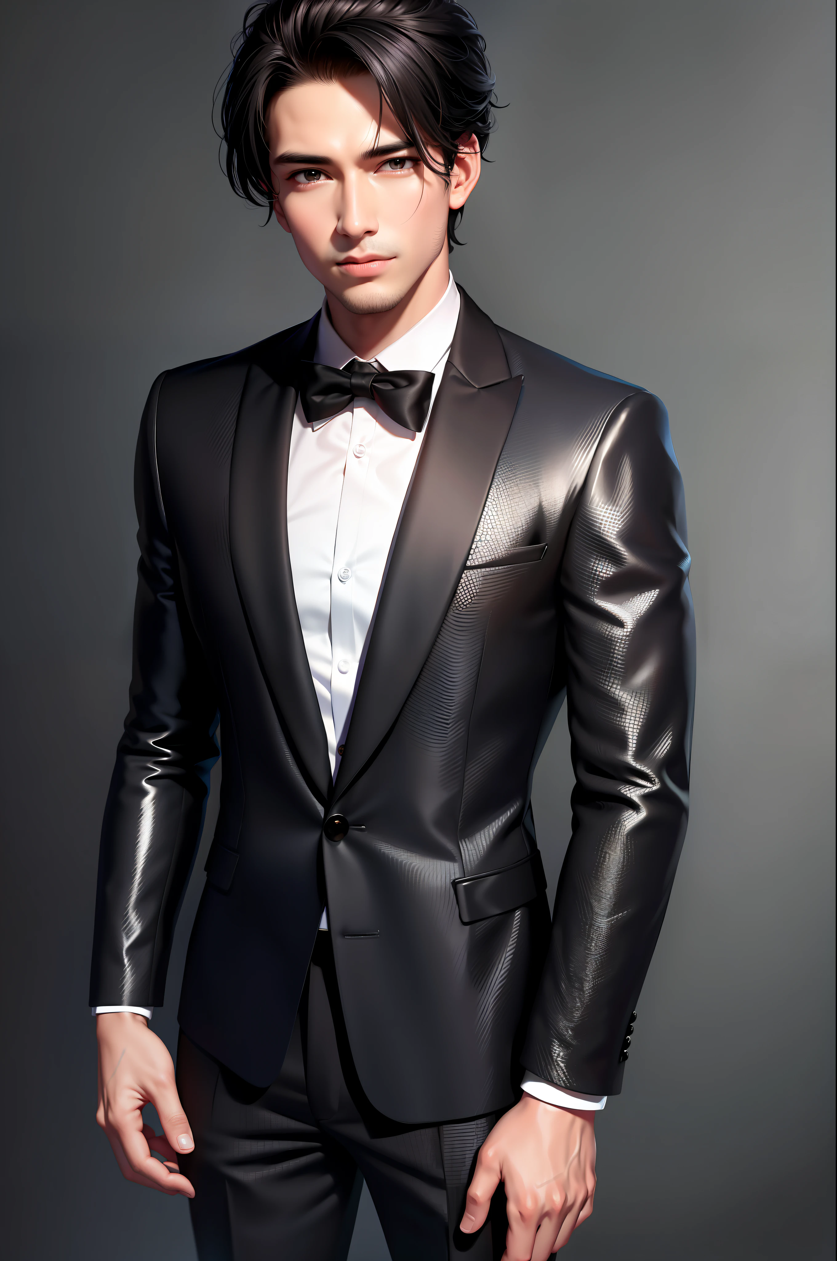 ultra detailed 8k cg, handsome man,shiny black suit, formal, looking at viewer, gold watch, looking at viewer,