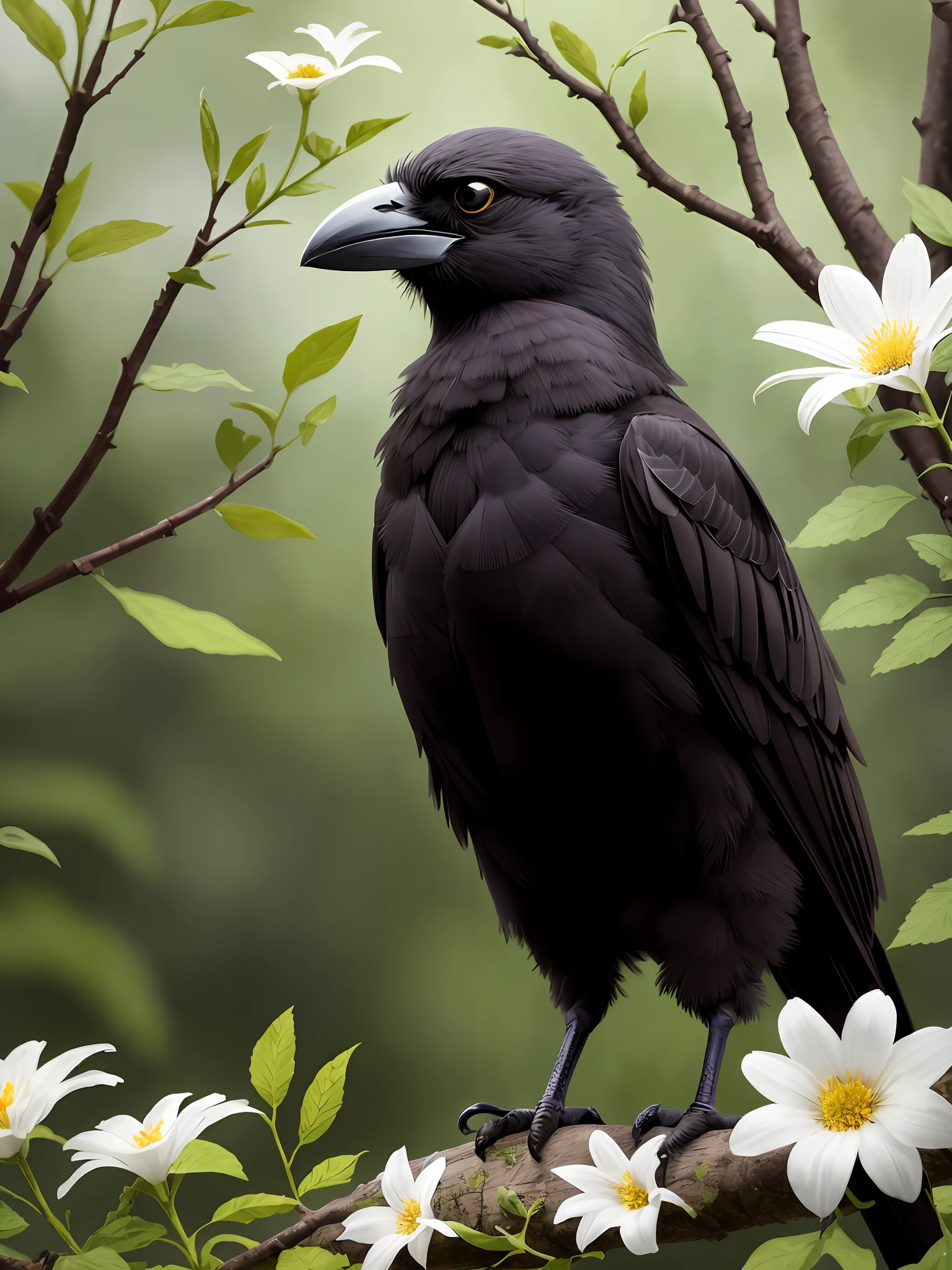 Epic realistic photography, a drawing of a cute (baby) (crow) surrounded by beautiful flowers and trees in a clearing in the forest