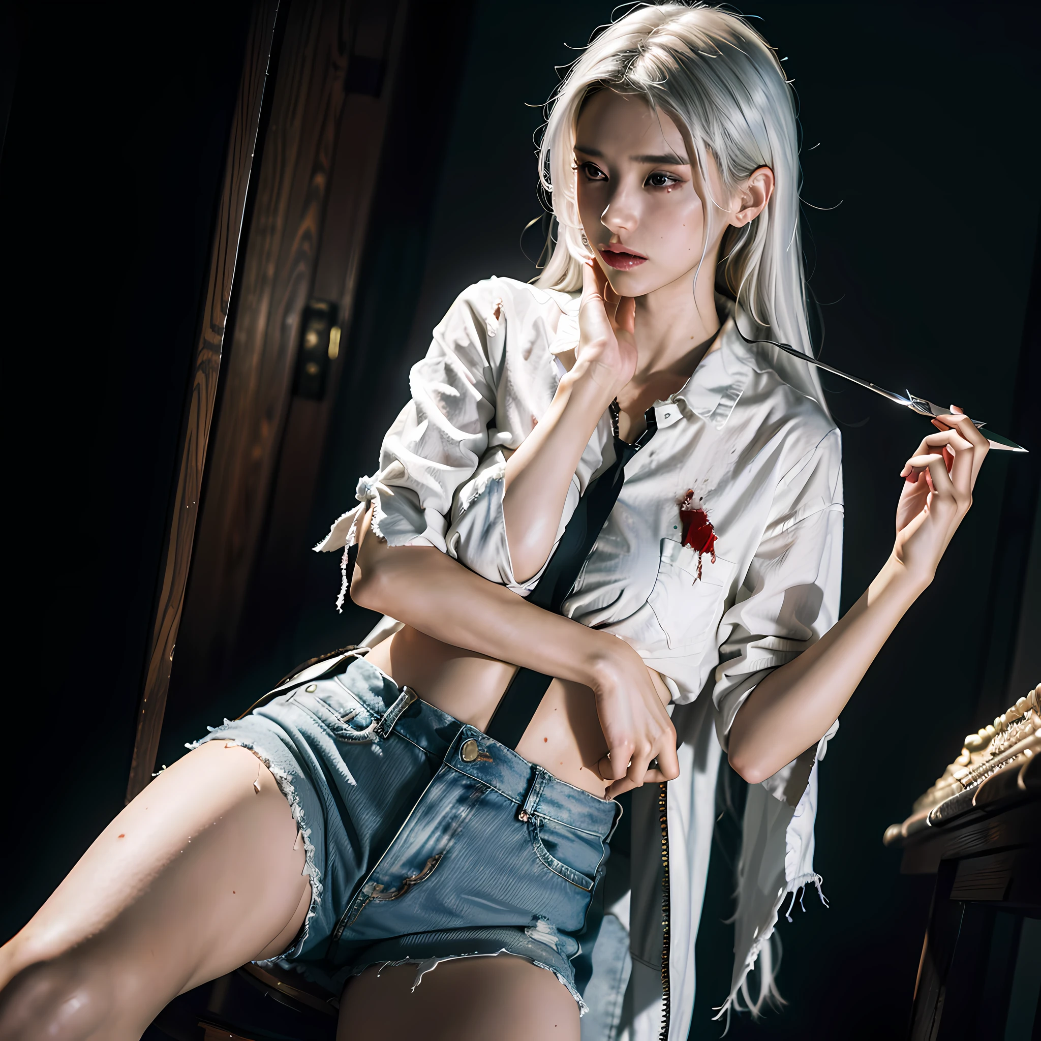 best quality, masterpiece, super high resolution, (reality:1.5), art, original photo, dynamic lighting, high resolution, sharp focus, depth of field,1girl, medium, masterpiece, best quality, super detailed, illustration, white hair, super detailed face, high quality face, full body view, fight, bleeding, tattered clothes, pocket knife