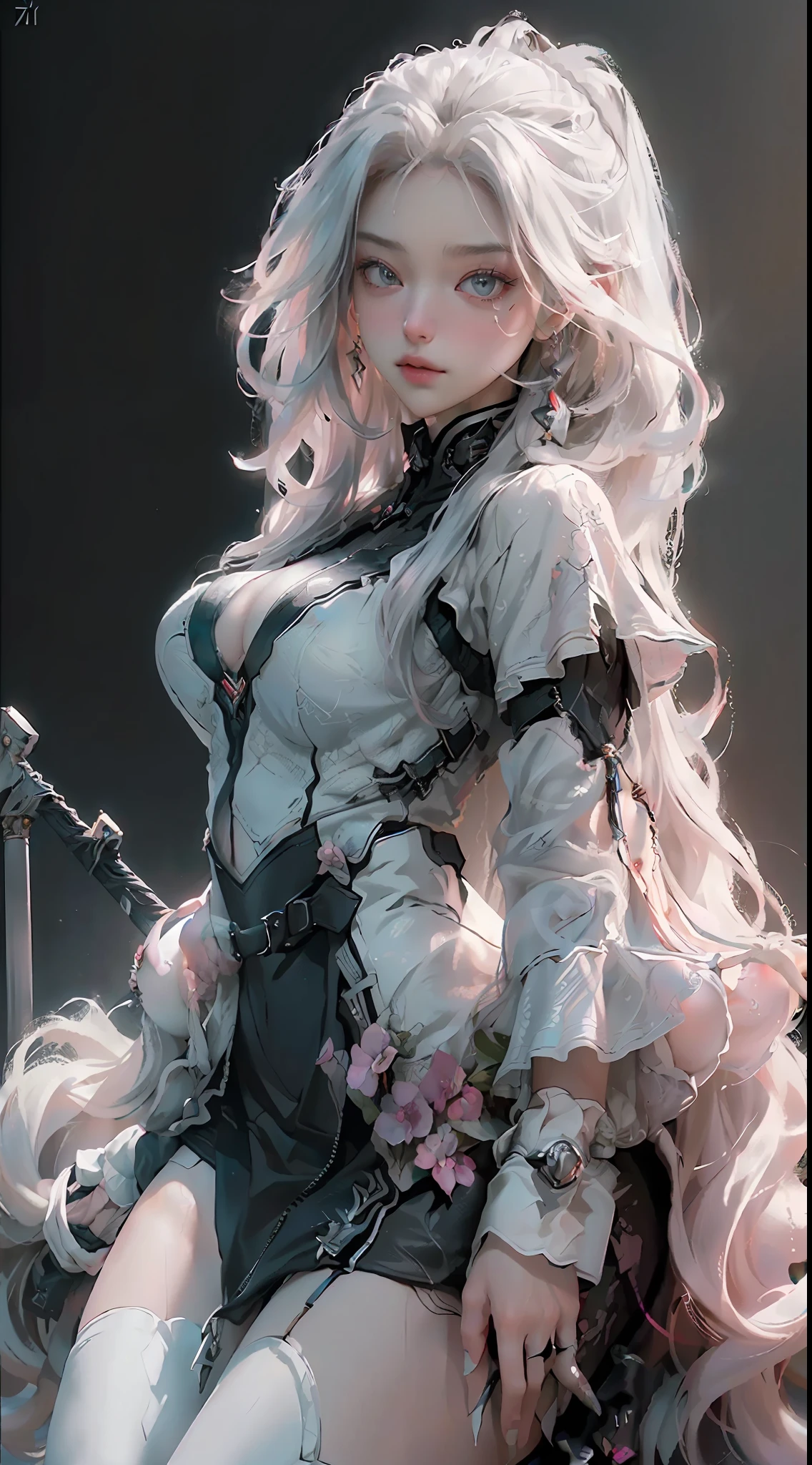(Best Quality), ((Masterpiece), (Detail: 1.4), 3D, A Beautiful Cyberpunk Woman, HDR (High Dynamic Range), Ray Tracing, NVIDIA RTX, Super-Resolution, Unreal 5, Subsurface Scattering, PBR Textures, Post-Processing, Anisotropic Filtering, Depth of Field, Maximum Sharpness and Clarity, Multi-layer Textures, Albedo and Highlight Maps, Surface Shading, Accurate simulation of light-material interactions, perfect proportions, Octane Render, two-color light, large aperture, low ISO, white balance, rule of thirds, 8K RAW, realistic, (dignified fluff, perfect proportions, bright eyes, light makeup, big black eyes, pink and moist lips), white hair, big black eyes, cold storage, sharp eyes, flowers, (masterpiece, realistic, high resolution), ((1 girl): 1.2), unware ((white wavy long hair): 1.3), (business suit, office documents, sitting at desk, playing with mobile phone), ((big breasts): 1.5, thin waist: 1.2, strangled thighs: 1.3, fair and moist skin)