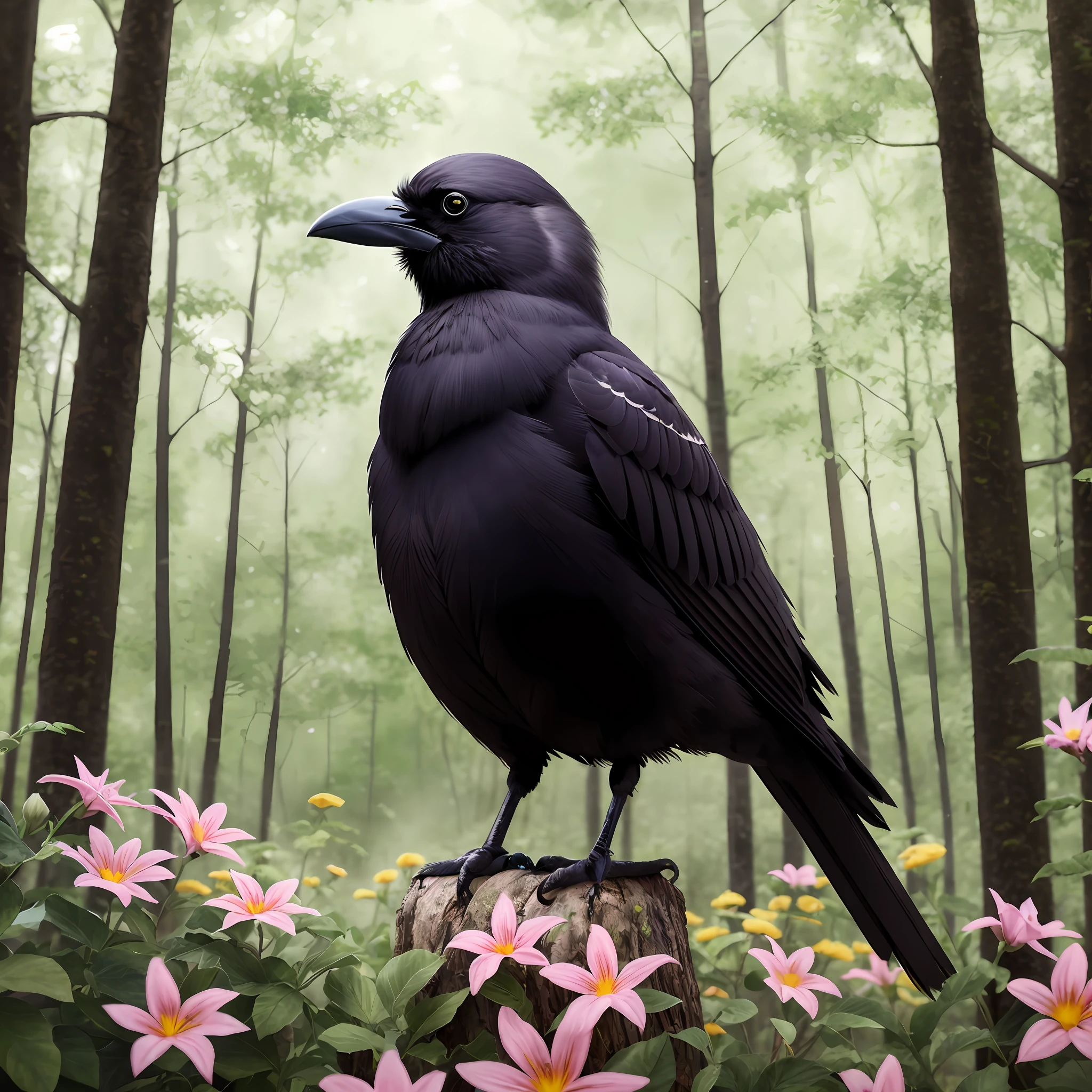 epic realistic photography, a drawing of a cute (crow) surrounded by beautiful flowers and trees in a clearing in the forest