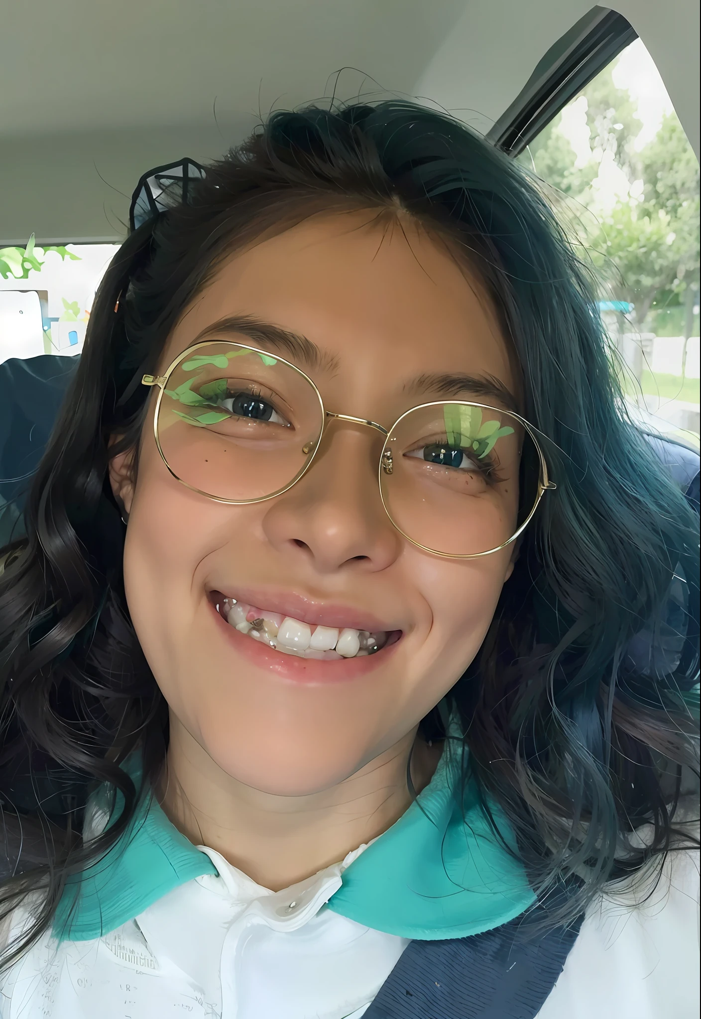 Green hair, she is about 14 years old, with long turquoise hair, smiling happily for the camera, smiling for the camera, anime, realistic anime.