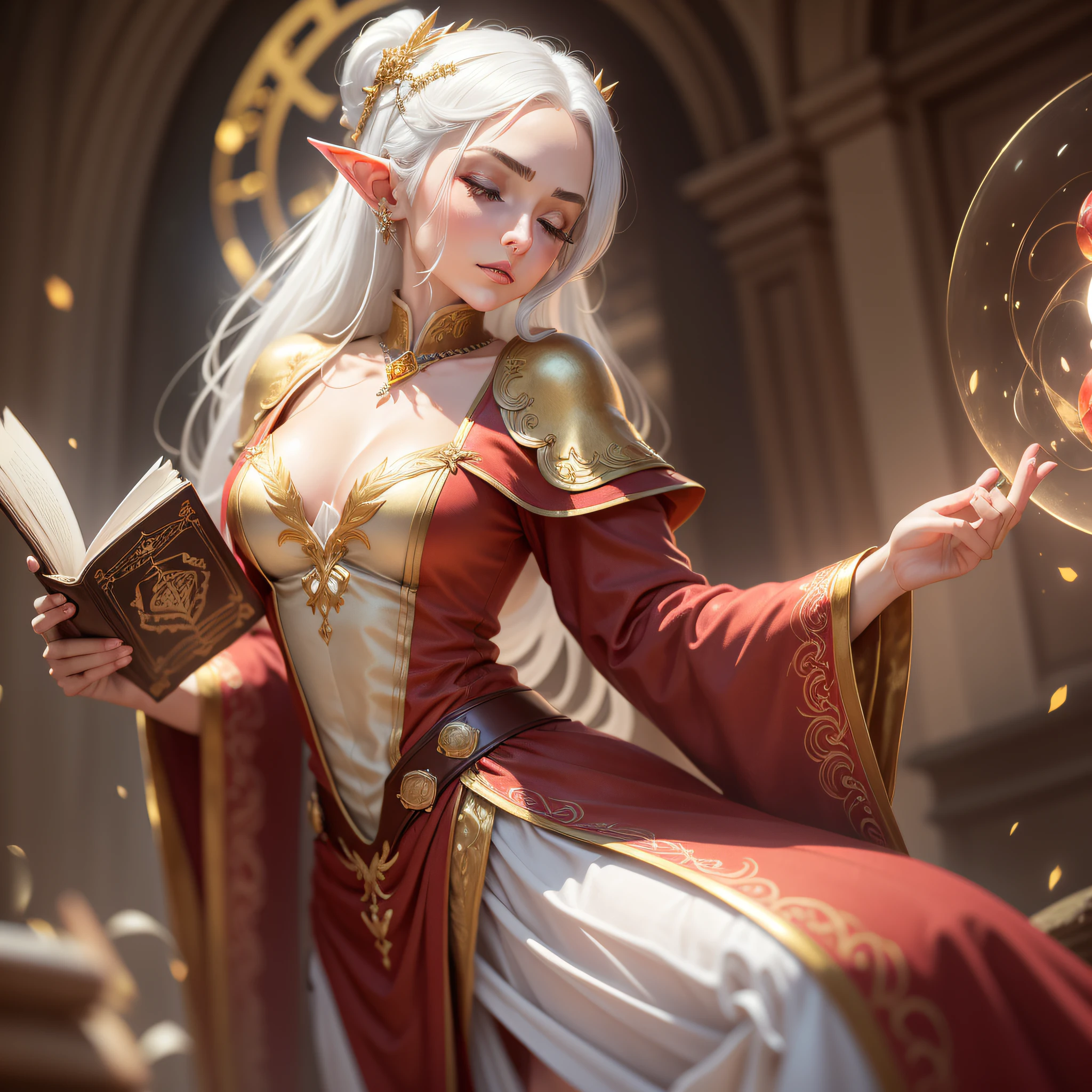 A modest adult elf woman with straight white hair that goes down to just below the waist. White eyebrows and an angelic face. She wears formal red and gold tailoring clothes underneath a red robe with gold accents and adorning gemstones. She is Delicated, soft and graceous. Eyes closed, gaze contemplative, holding a magic book with one hand and making signs with the other. Professor, in a old university, doing magic. She is in a old university background. Living in a divine world. (hyper realistic), (Best Quality), (Highly Detailed), (Motion Blur), (Chromatic Aberration), (Glowing Light), (God Rays), (Ray Tracing), (Reflection Light), (backlighting), (bloom), (close-up), (Eye-Level Shot), (Sony FE), (dynamic angle: 1.2 ), (background detailed), (dinamic pose), (Full Body Shot: 1), (Sony FE GM), (UHD), (16k, high quality), (super detail), (high details), (Eye-level Shot), (HD), (Dramatic), (adult), (very thin) (Bailarina), (orquestry), (dancer), (orchestra)