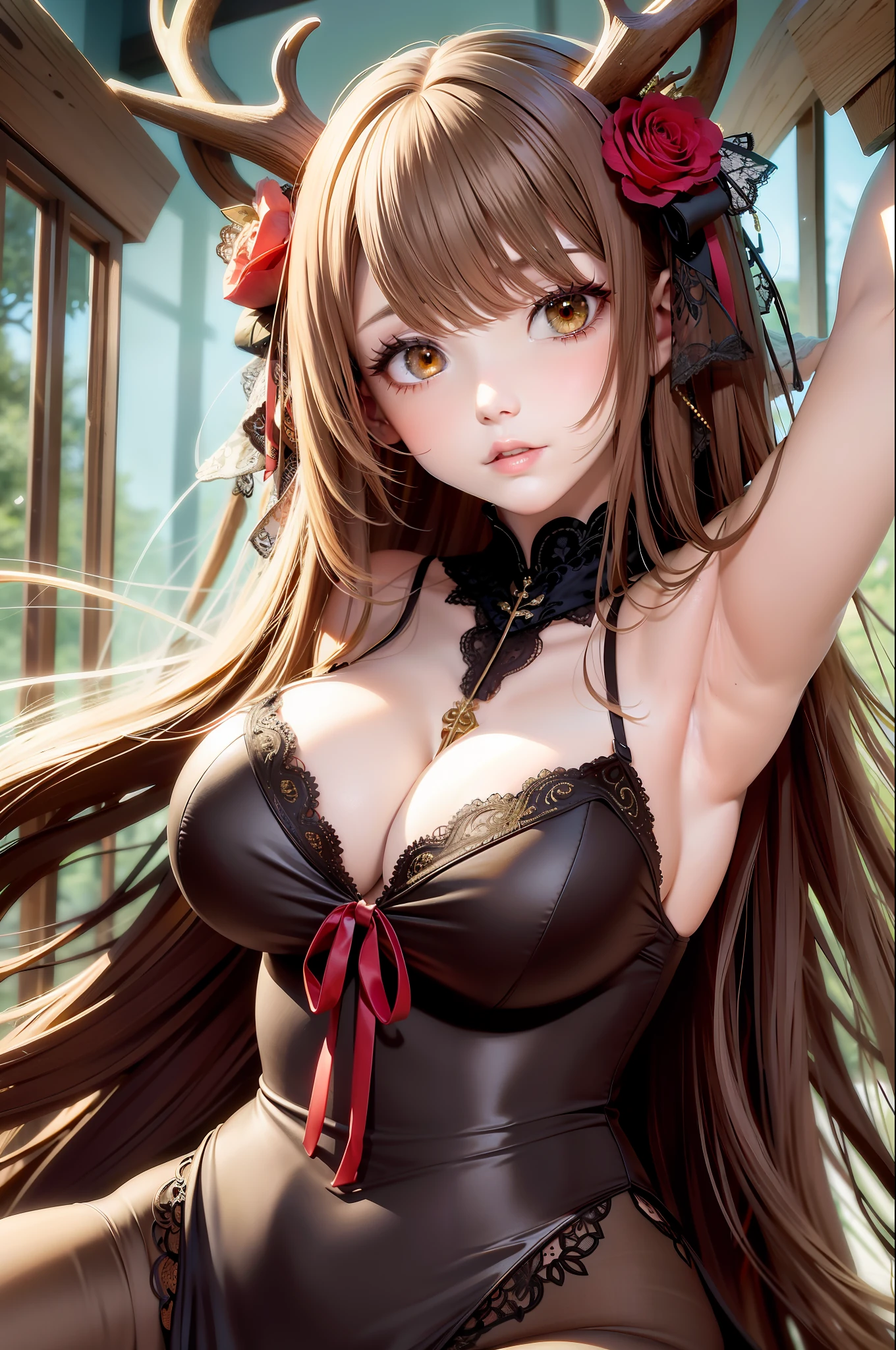 Best quality, masterpiece, long hair, golden eyes, upper body, dress, lace, sexy, masturbation,: extra big breasts: 1.9, bow, deer song