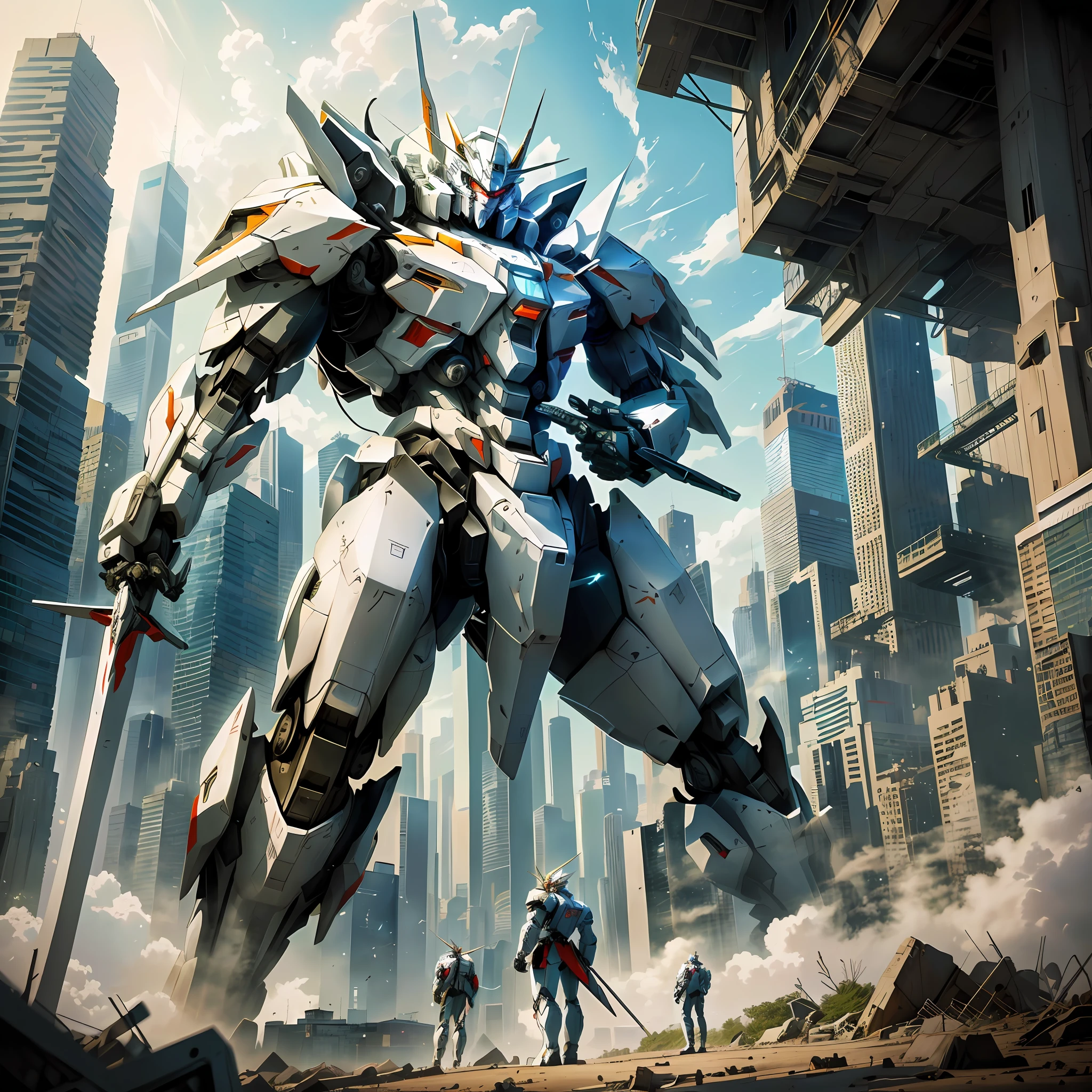 anime - style artwork of a giant robot standing in front of a city, modern mecha anime, alexandre ferra white mecha, an anime large mecha robot, cool mecha style, mecha anime, mecha art, giant anime mecha, alexandre ferra mecha, white mecha, mecha asthetic, mecha inspired, anime mecha aesthetic