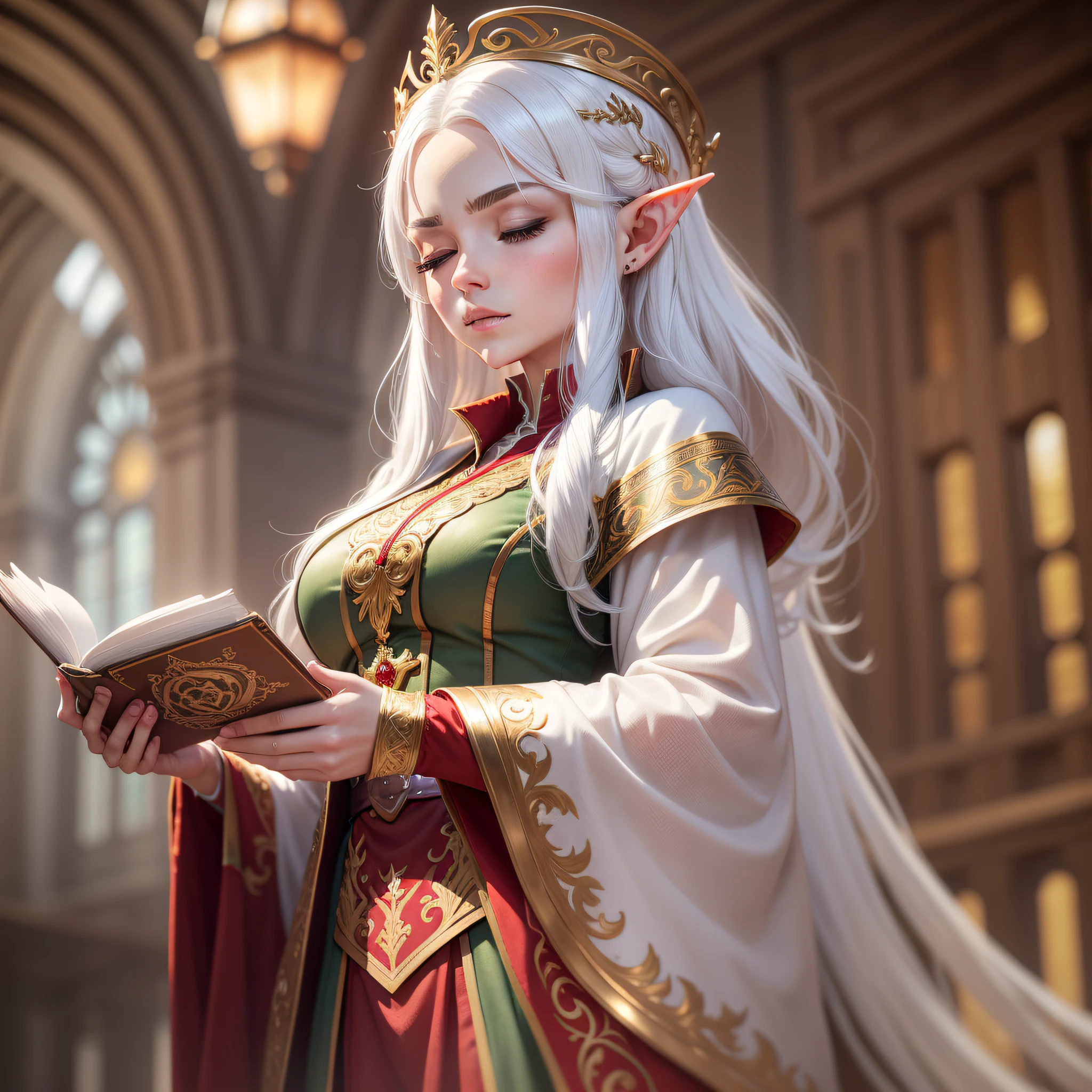 A modest adult elf woman with straight white hair that goes down to just below the waist. White eyebrows and an angelic face. She wears formal red and gold tailoring clothes underneath a red robe with gold accents and adorning gemstones. She is Delicated, soft and graceous. 
Eyes closed, gaze contemplative, holding a magic book with one hand and making signs with the other. Professor, in a old university, doing magic.
She is in a old university background. Living in a divine world.
(Best Quality), (Highly Detailed), (Motion Blur), (Chromatic Aberration), (Glowing Light), (God Rays), (Ray Tracing), (Reflection Light), (backlighting), (bloom), (close-up), (Eye-Level Shot), (Sony FE), (dynamic angle: 1.2 ), (background detailed), (dinamic pose), (Full Body Shot: 1), (Sony FE GM), (UHD), (16k, high quality), (super detail), (high details), (Eye-level Shot), (HD), (Dramatic), (adult), (very thin)
(Bailarina), (orquestry), (dancer), (orchestra)