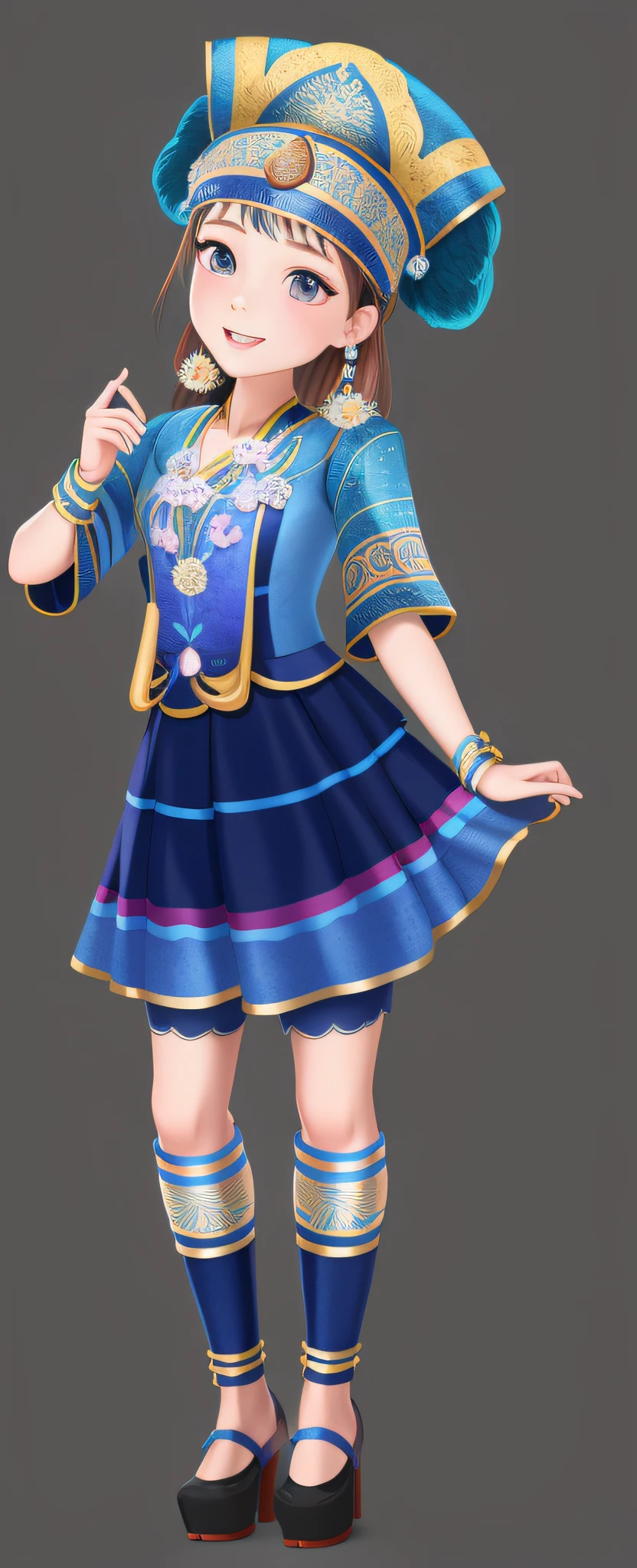 A close-up of a cartoon girl in a blue dress holding a piece of paper, full body fairy, moon-themed costume, clear costume design, clothes themed around the peacock mage, high-quality details), inspired by PwC,!! Full body portrait!!, full body detail, high detail, high detail exquisite exquisite fan works, high detail official artwork, ethnic minorities, Yunnan, two-dimensional beautiful girl, beautiful girl, traditional Chinese clothing, ancient style two-dimensional two-dimensional