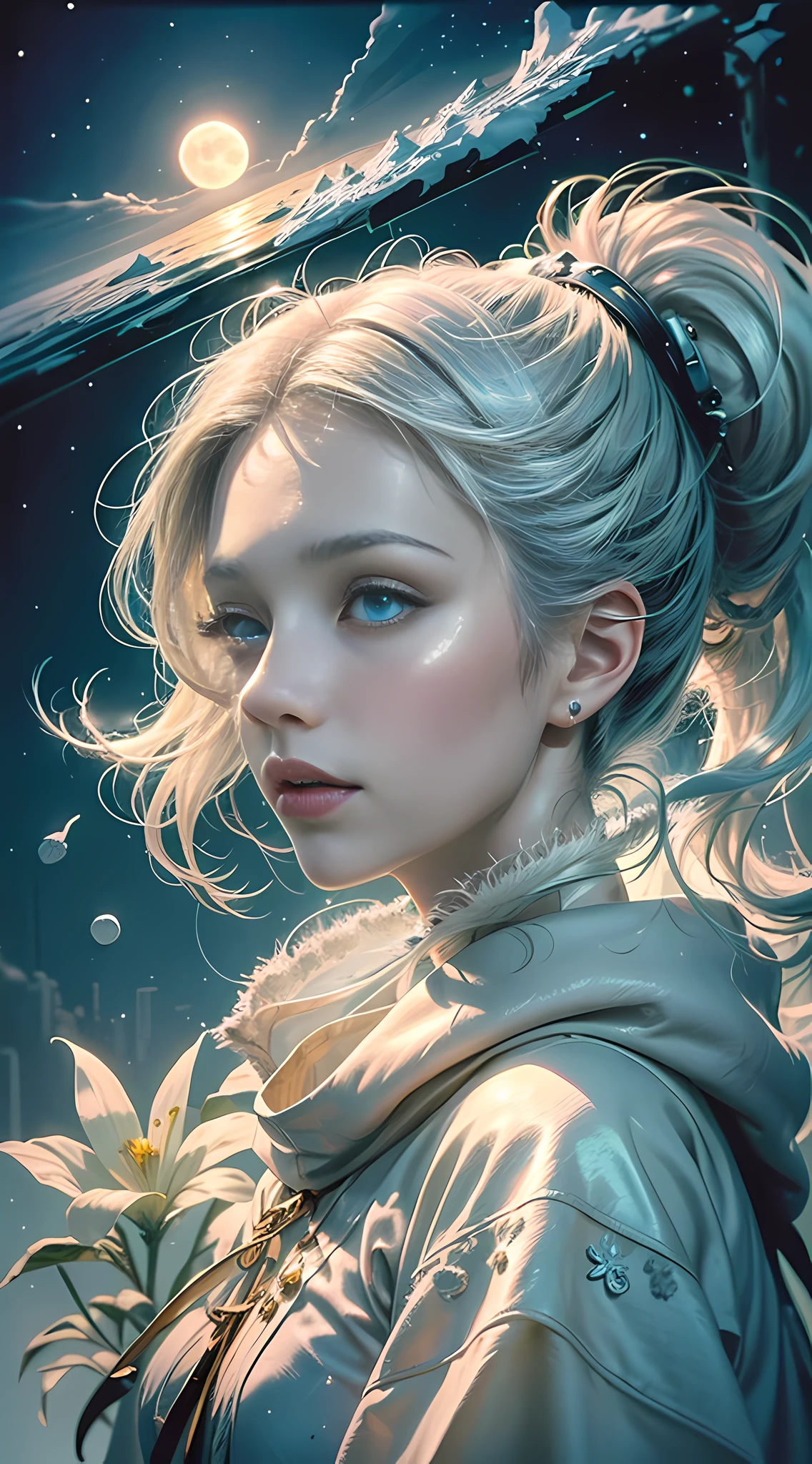 Masterpiece, (Best Quality: 1.2), (Super Fine: 1.2), Illustration, (Extremely Delicate and Beautiful: 1.2), Film Angle, Floating, (Beautiful Detail Eye: 1.1), (Detail Light: 1.1), Film Lights, Delicate Sky, Woman, White Hair, Blue Eyes, (High Ponytail: 1.1), Cloak, Glowing Eyes, (Moon: 1.2), (Moonlight: 1.1), Starry Sky, (Light Particles: 1.1), Fog , snow painting, sketching, blooming