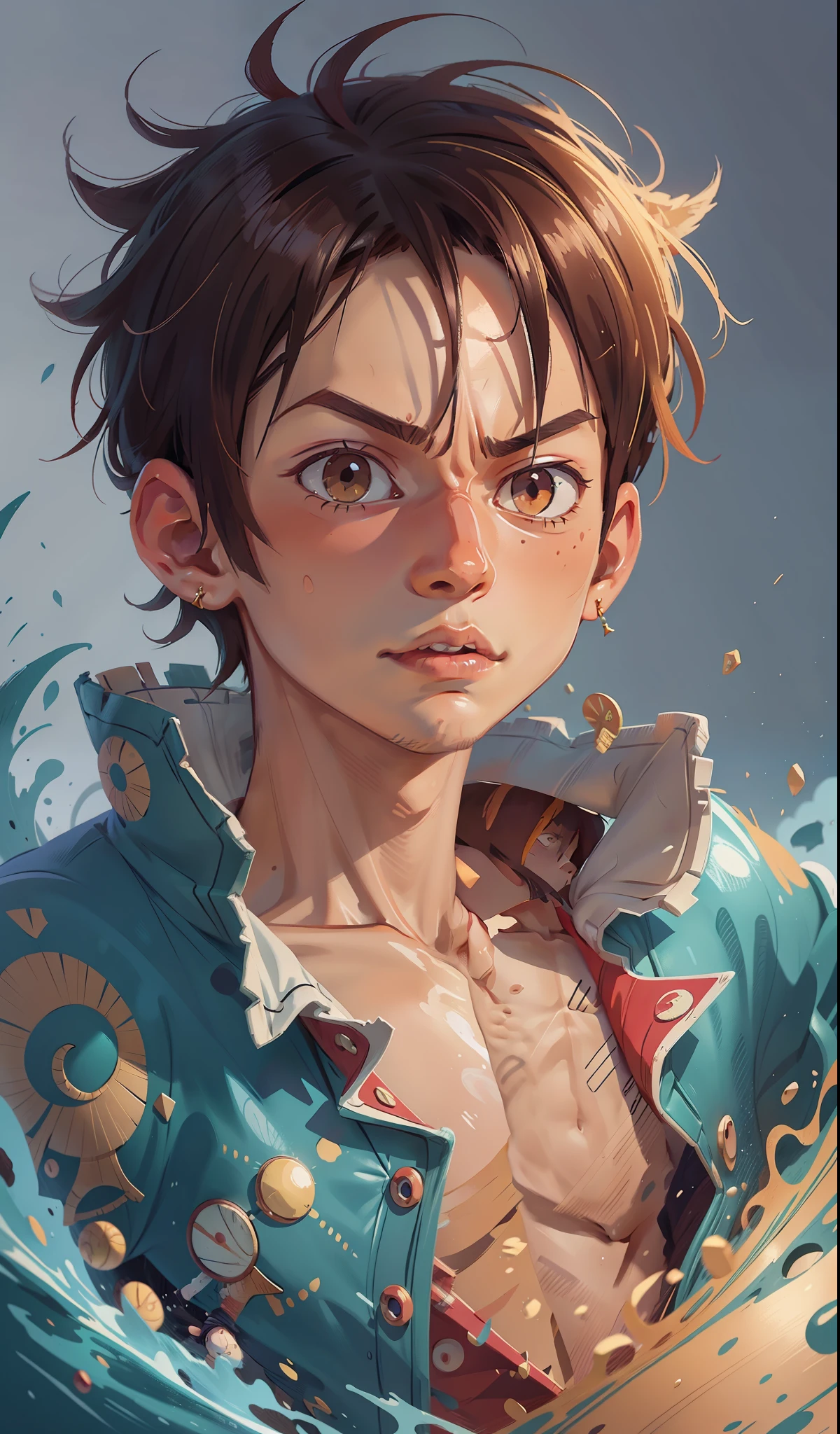 Luffy from ONE PIECE, focus on face, fantasy, colorful, stylish, complex, messy, hyper-detailed, character concept art, 18 yo handsome boy, beautiful face, ultra-detailed face, full length body, twinkling and dazzling and sparkling, dynamic angle, high sense illustration, masterpiece, 8k wallpaper, perfect surreal composition., best quality --ar 3:4 --niji 5