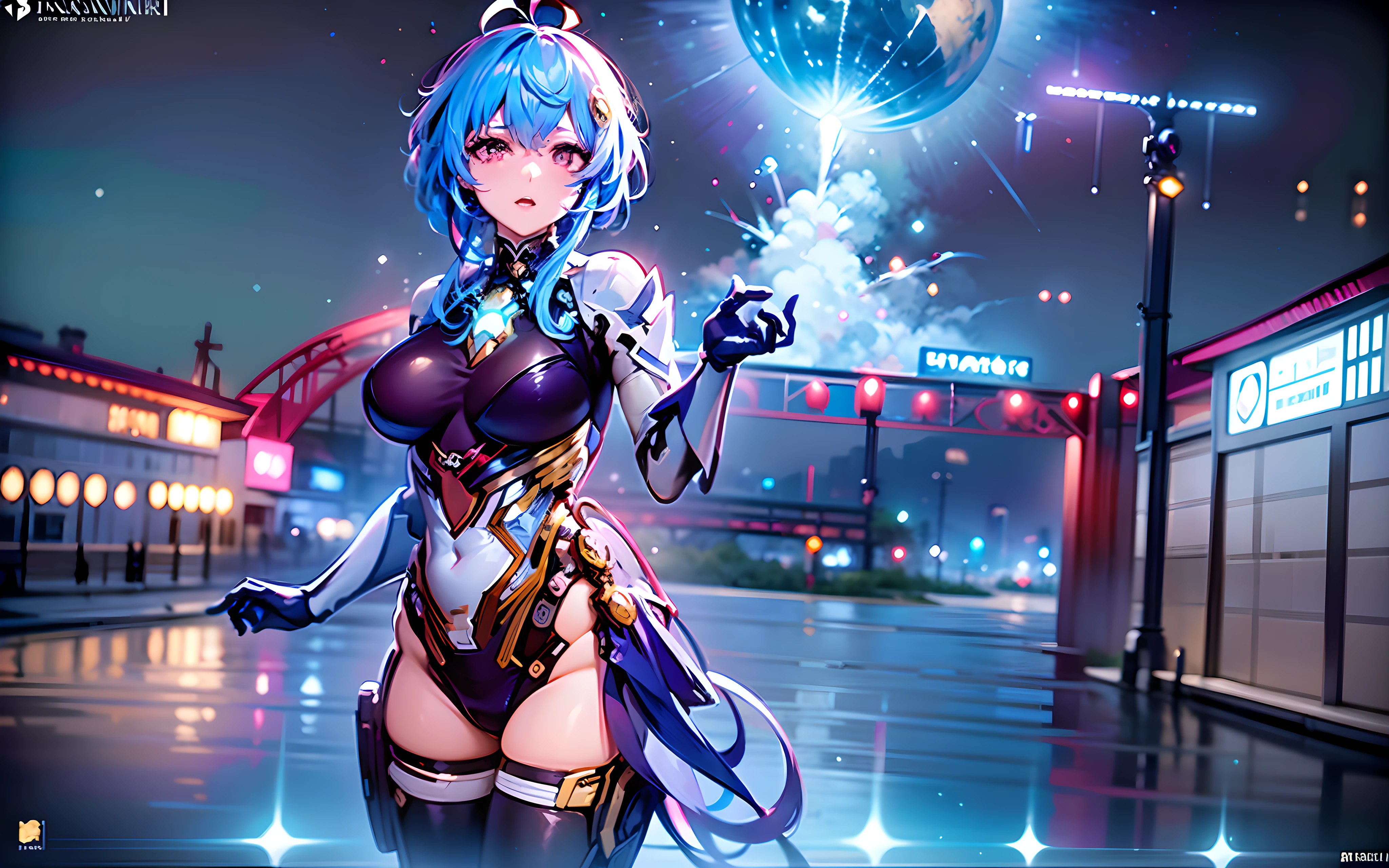 Beautiful cute girl standing on the roof looking at the sky, detailed city below with lanterns, very detailed Greg Rutkowski Makoto Shinkai Makoto Kyoto Animation Key Art Women in Shot, Laurie Graceley's Style, Studio Ghibli, Akira Toriyama, James Gilead, Genshin Impact, Trend Pixiv Fan Box, Acrylic Palette Knife, 4k, Bright Colors, Devinart, Popular on ArtStation, Octane Rendering, Bioluminescence, 8K resolution concept art, realism, by Mappa Studio, masterpiece, best quality, official art, illustration, Ligne Claire, (cool_color), perfect composition, absurdity, fantasy, focus, night, starry night, crescent, shooting star, star --auto --s2