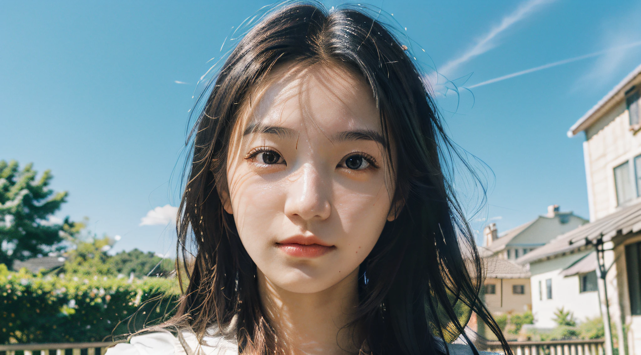 Best Quality, Masterpiece, Ultra High Resolution, (Realistic: 1.4), Original Photo, Wallpaper, Bust Photo, Skin, Simple Background, Black Eyes, Detail, Selfie, 1 Girl, 18 Years Old, Breeze, Sunshine, Blue Sky, Garden