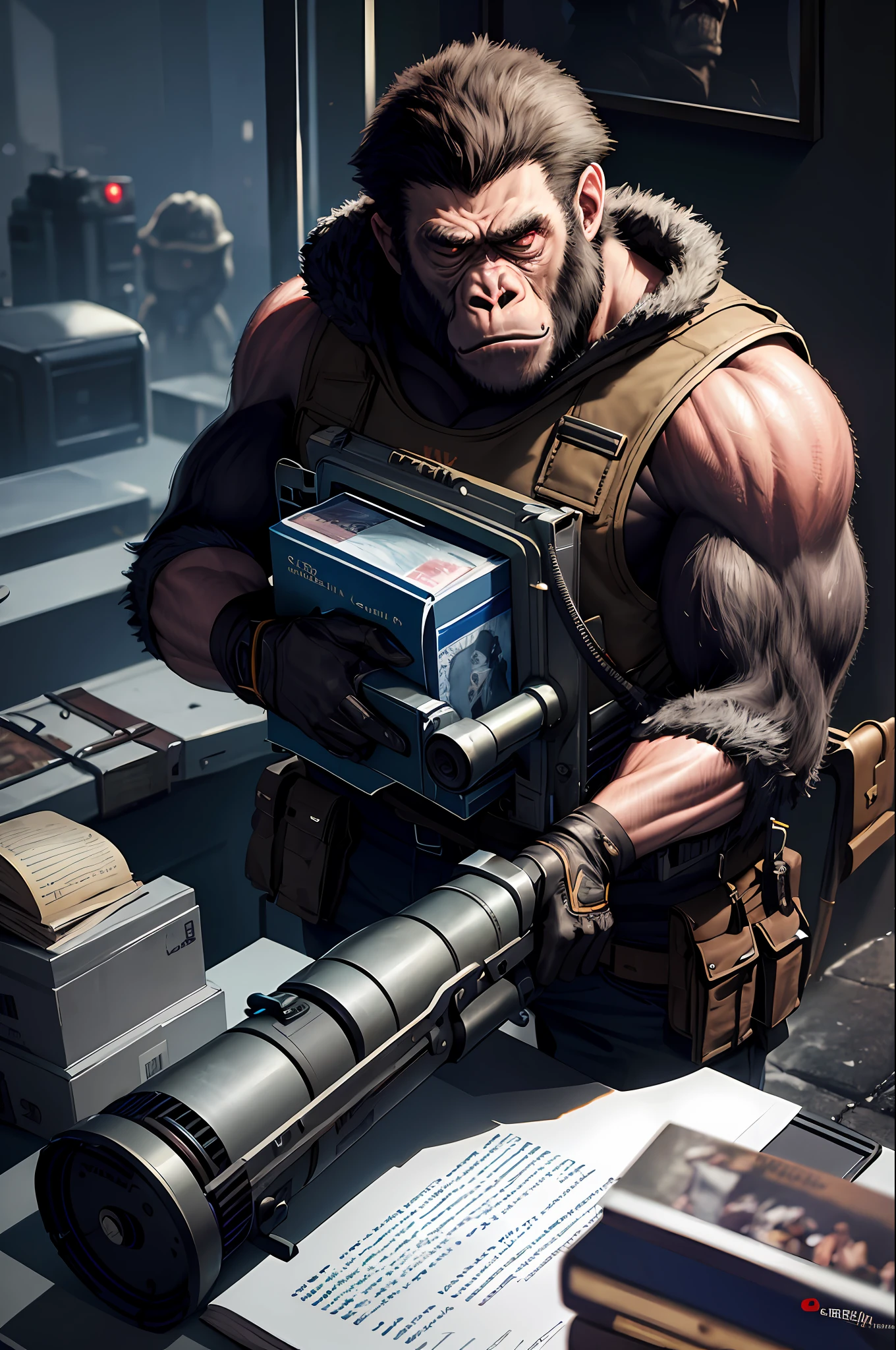 masterpiece, best quality, realistic , cold monkey, gorilla, blur, book, cable, wearing a US Marine Corps uniform, cyberpunk, gloves, infrared sleeve, (shoulder carrying giant RPG bazooka:1.2), hood, solo,
